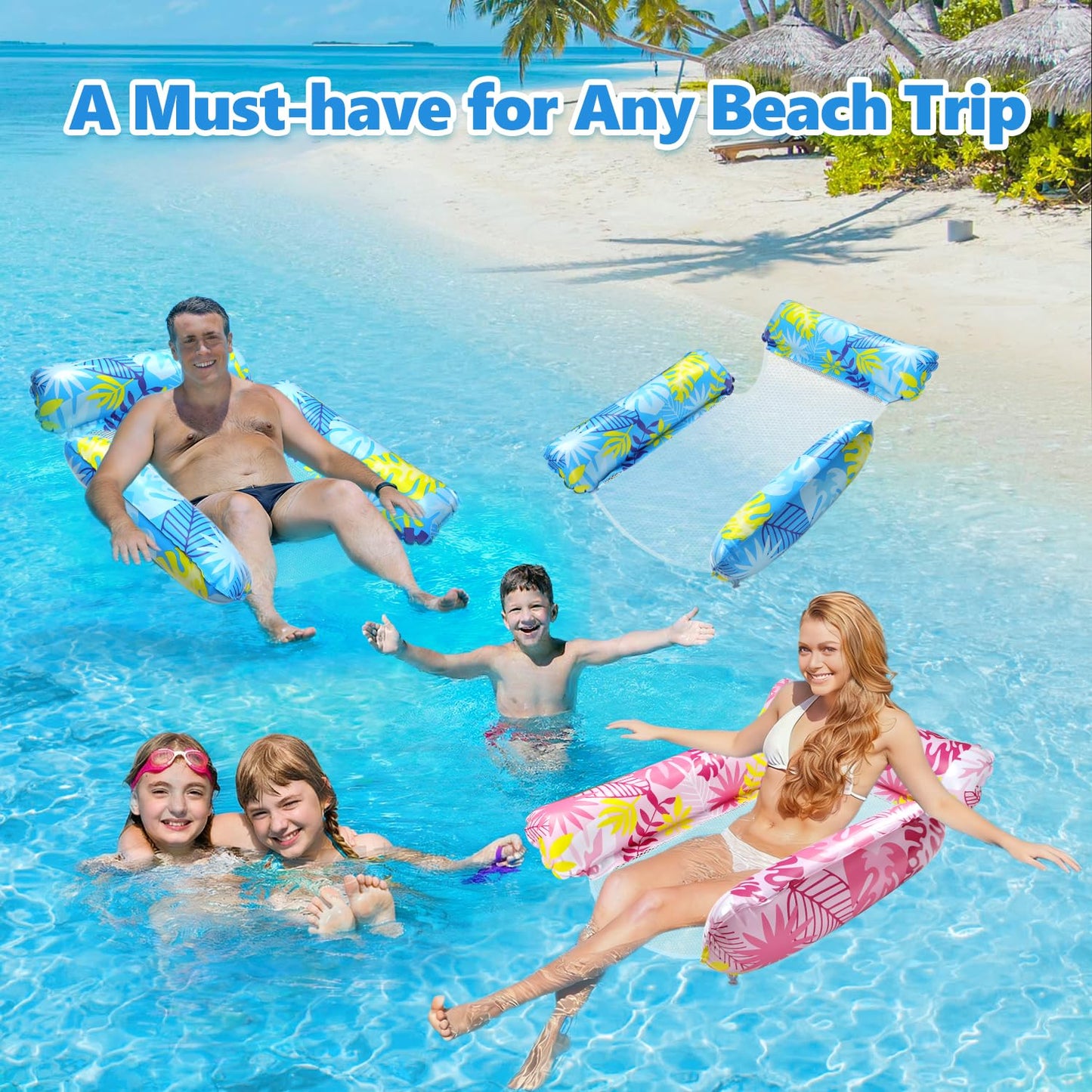 2 Pack Inflatable Pool Floats with 2 Drink Holders and 1 Air Pump, 4 in 1 Water Hammock with Cool Mesh Adult Swimming Pool Float Chair Sofa Lounger Saddle Toys for Beach Seaside Lazy River Hot Tub