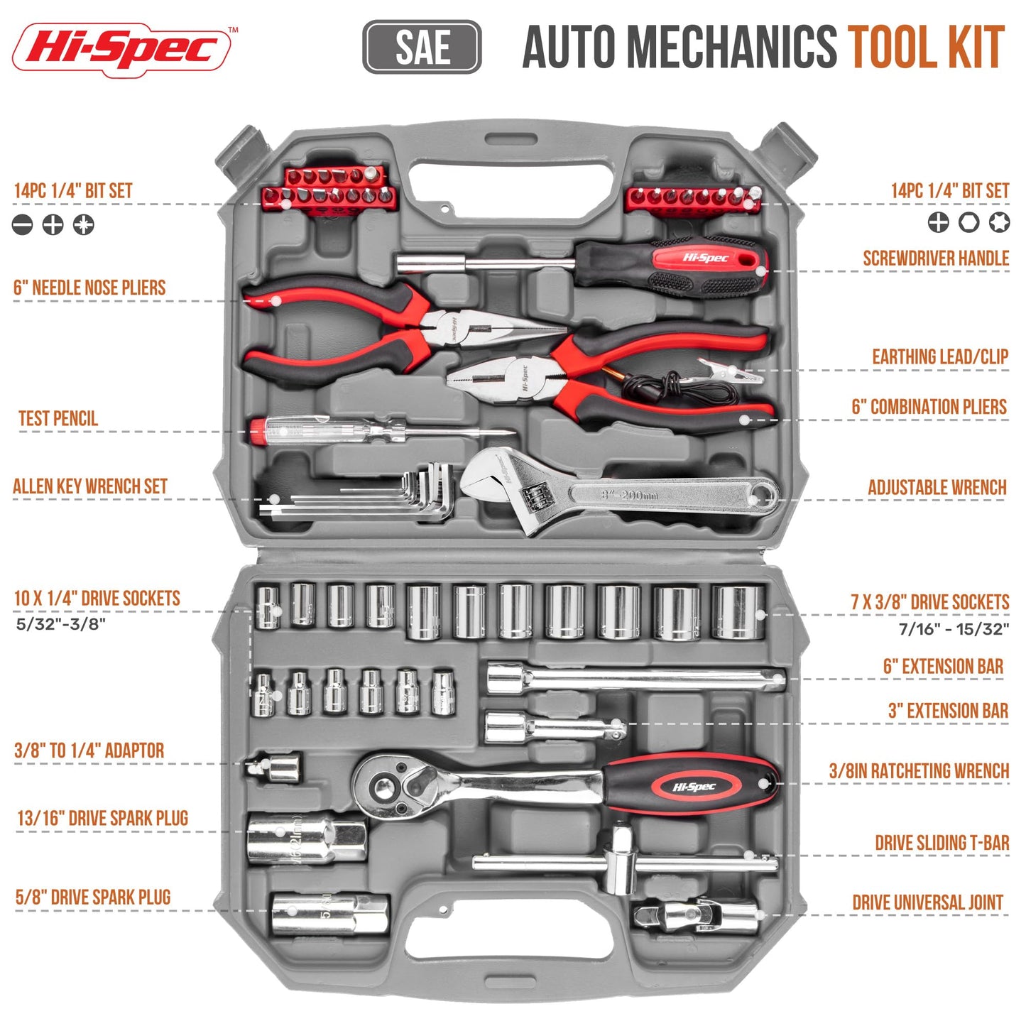 Hi-Spec Tools 67pc SAE Auto Mechanics Hand Tool Kit Set. Complete Car, Motorcycle, Engine & Garage Repairs with Sockets, Ratchet Wrench, Pliers & More