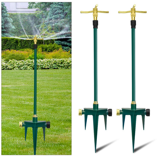 3-Arm 360° Rotating Garden Sprinkler, 2 Pack Telescoping Sprinkler with Spike, Brass Garden Lawn Water Sprinkler for Large Area up to 40 Inches