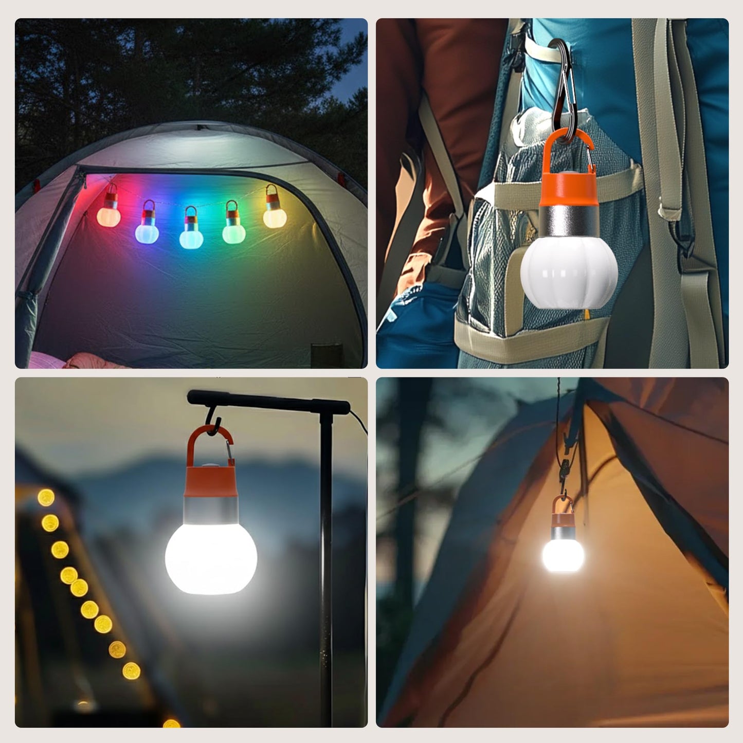 3-Pack Rechargeable LED Camping Lanterns, Mini Tent Light with 10 Modes & Hanging Clip, IPX5 Waterproof Small Outdoor Ambient Lighting for Hiking, Emergency, Fishing (Mixed Colors