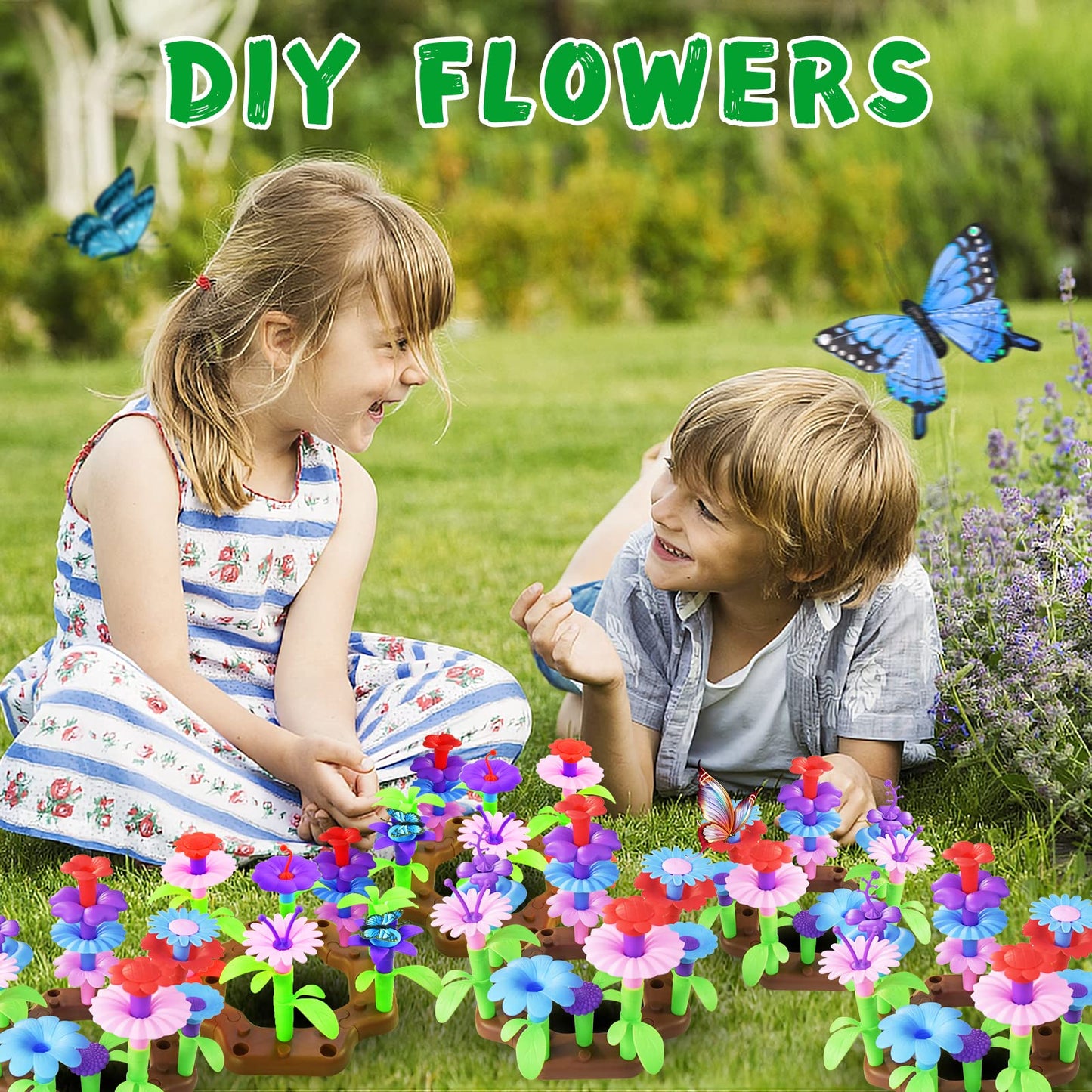 Qtioucp 16Pcs Kids Gardening Tools Outdoor Toys Set Backyard Play with 93 PCS DIY Flower Garden Building Preschool Activities (Green)
