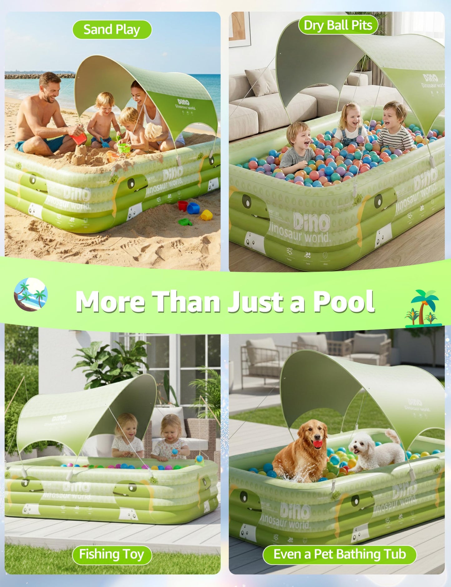 120" Large Inflatable Pool for Kids with Removable Canopy, 4-Layer Blow up Pool, 0.32mm Heavy Duty PVC, Family Durable Swimming Pool for Adults Pets Backyard Summer Green