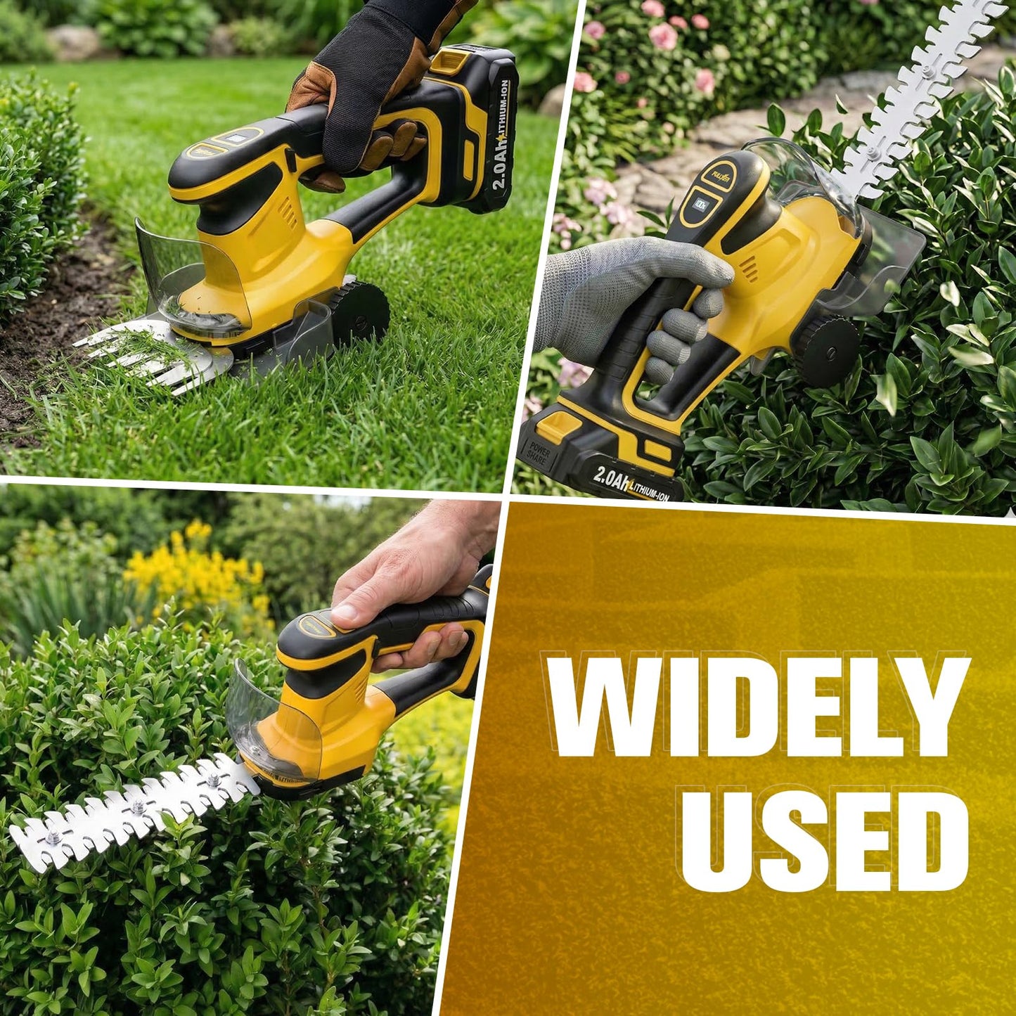 FULLYEA Cordless Hedge Trimmer, 2-in-1 Electric Shrub Trimmer & Grass Shear, Lightweight Bush Trimmer with 2 Blades & 2*2.0Ah Batteries, Handheld Grass Trimmer, Battery Powered Hedge Cutter (Yellow)