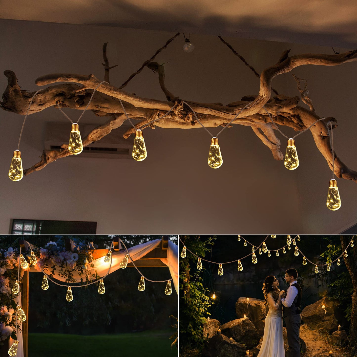 Solar Outdoor String Lights, 2 Pack 20Ft Vintage Rope Hemp Solar Patio Lights, Waterproof Warm White Solar Powered String Lights With 8 Modes 16 Shatterproof Bulbs for Fence Stairs Balcony Café Bistro