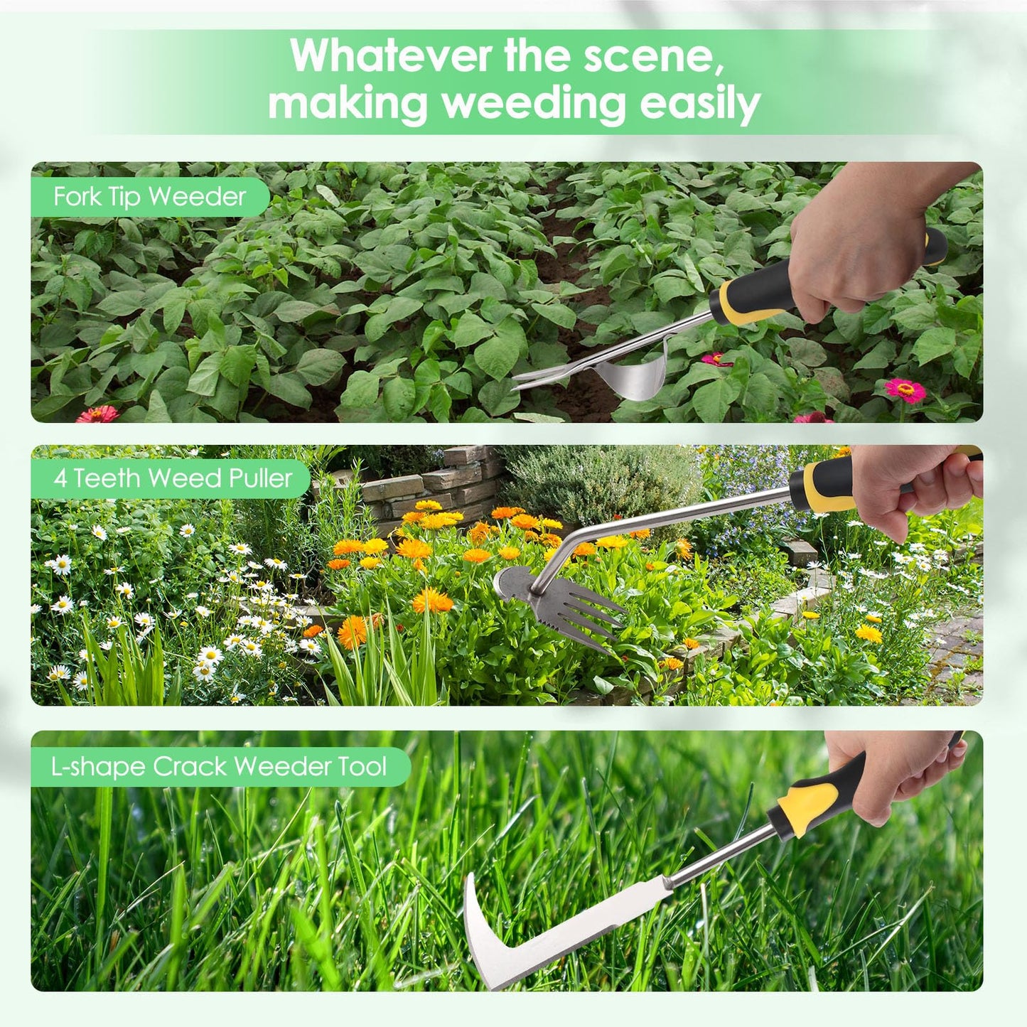 Foyucool 2026 New 3Pcs Hand Weeder Tool, Rubber Handle Weed Remover Tool, L-Shaped Weeding Tool, Manual Weeder, 4 Teeth Weeding Tool, Planting and Weeding for Garden, Patio
