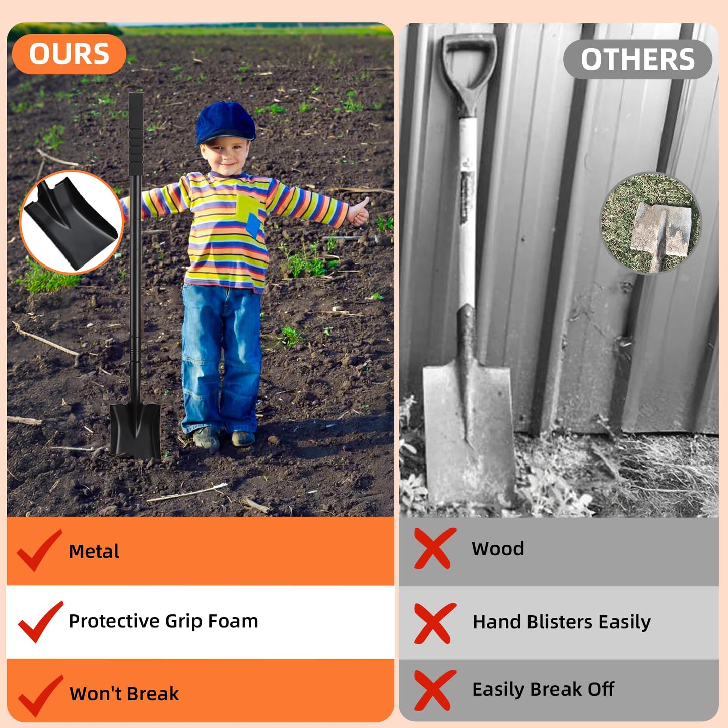 Small Square Shovel 43.3Inches Heavy Duty Garden Tools with Metal Handle, Small Transfer Spade for Digging Camping Car Beach Shovel, Black