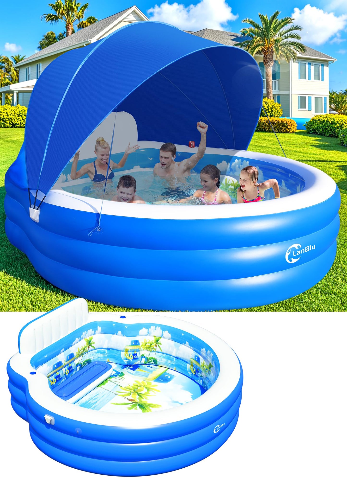 Lanblu 2026 Extra Large Upgraded Inflatable Pool with Canopy,Inflatable Family Lounge Pool,Round Blow Up Pool for Adult with Bench&Backrest,Swim Center Easy Backyard Pools for Kids & Adults90*90"*80"