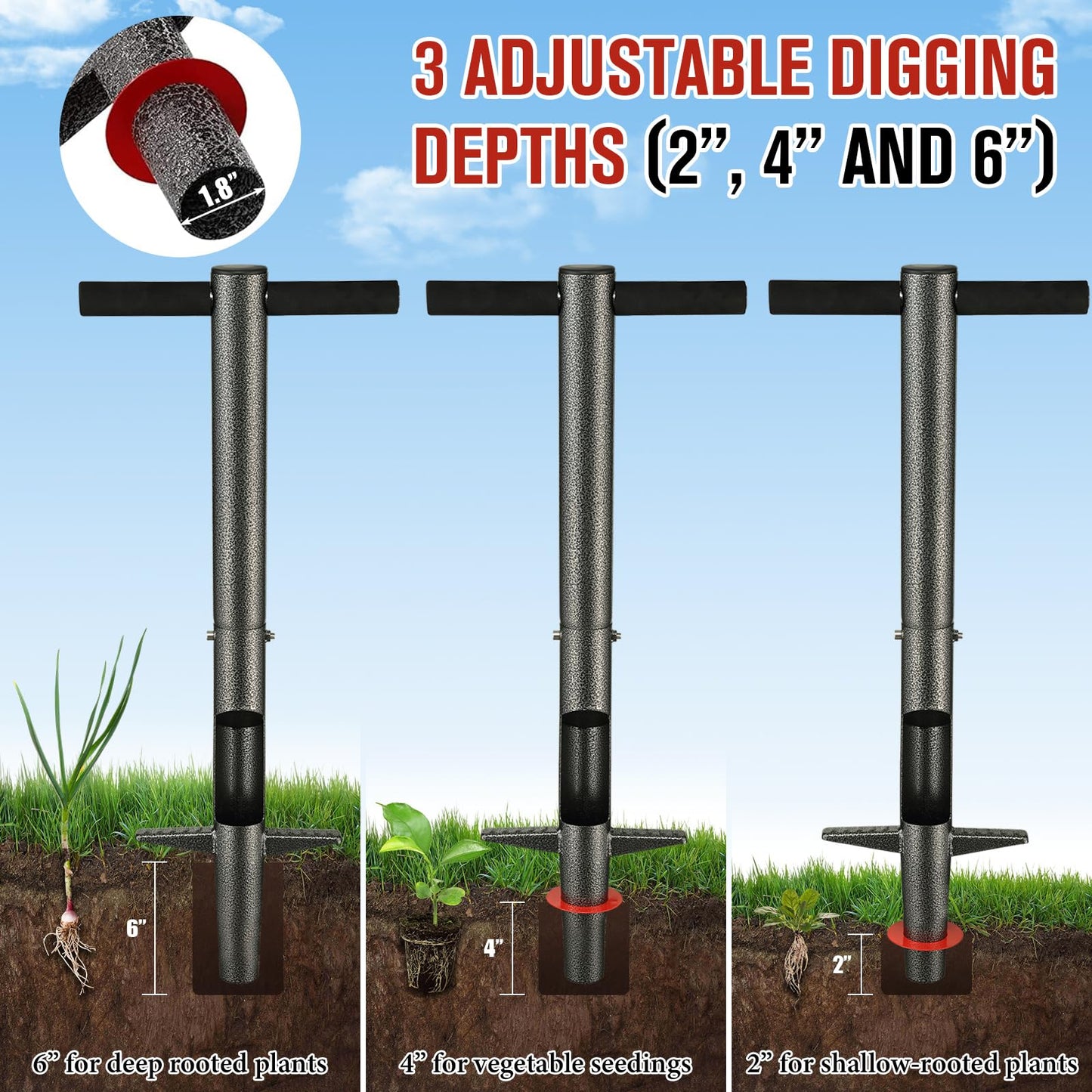 DIOVPLX Bulb Planter Tool, 33.5" Long Handle Sod Plugger for Standing Planting, 2"/4"/6" Adjustable Depth Garden Hole Digger, Heavy Duty Auto Eject Lawn Plugger for Flower Bulbs,Grass Plugs,Seedlings