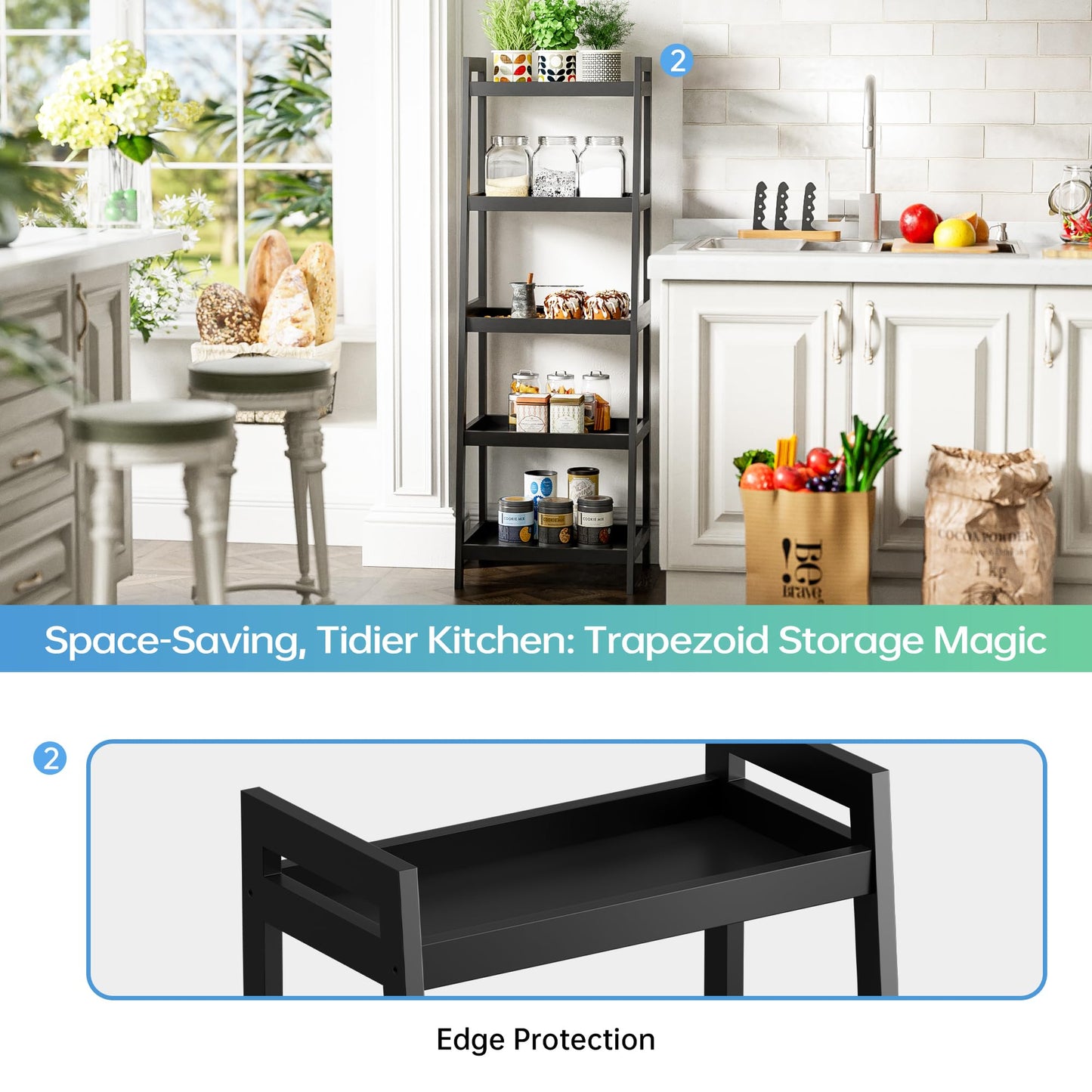 SMIBUY Bamboo Ladder Bookcase, Bathroom Storage Rack Organizer, 4 Tier and 5 Tier Freestanding Plant Display Stand Space Saver Shelves for Bedroom, Kitchen, Balcony (Black, 5 Tiers (50" H))