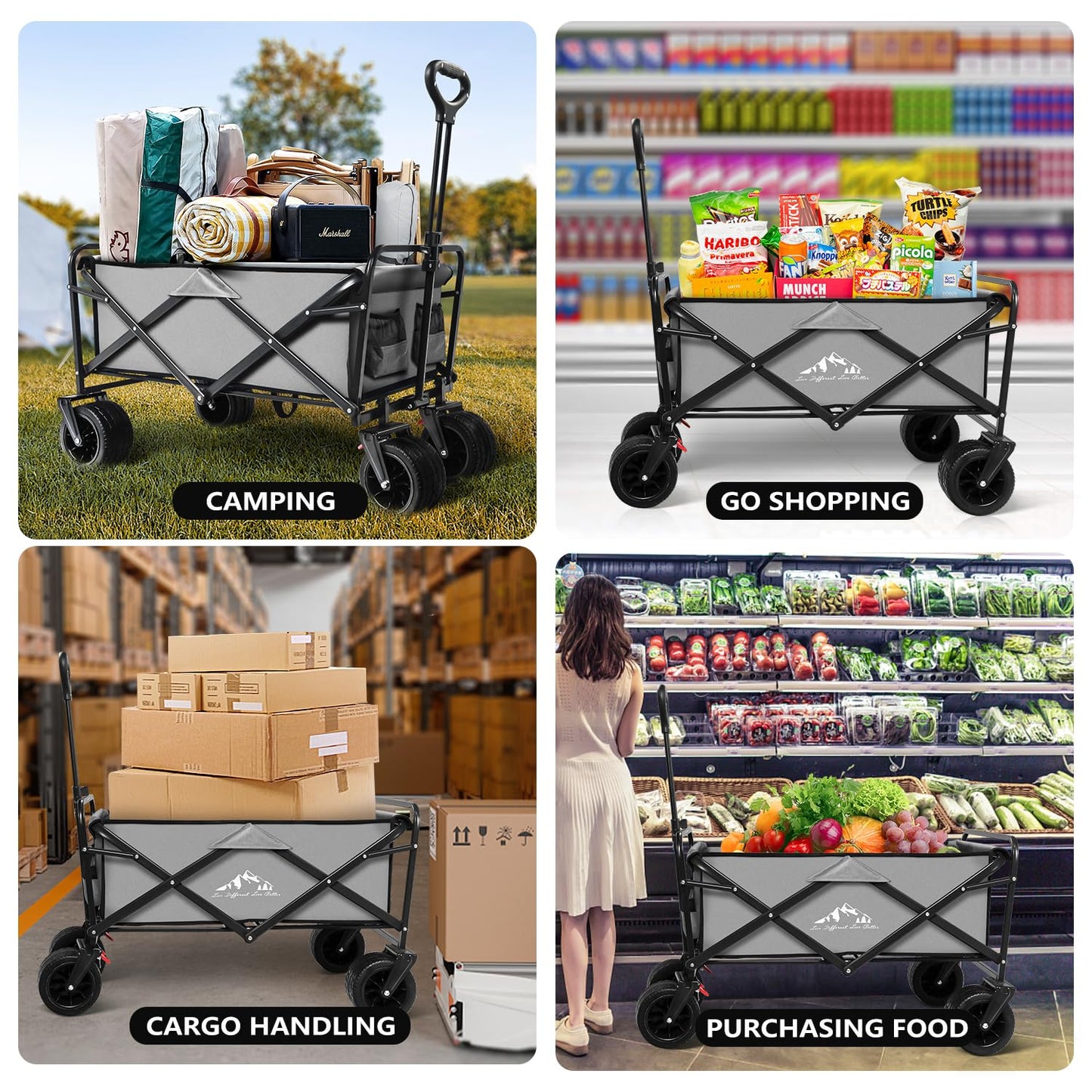 SAILARY Large Collapsible Wagon Cart Heavy Duty Foldable, Large Capacity Foldable Grocery Beach Wagon for Camping Sports Shopping, Gray
