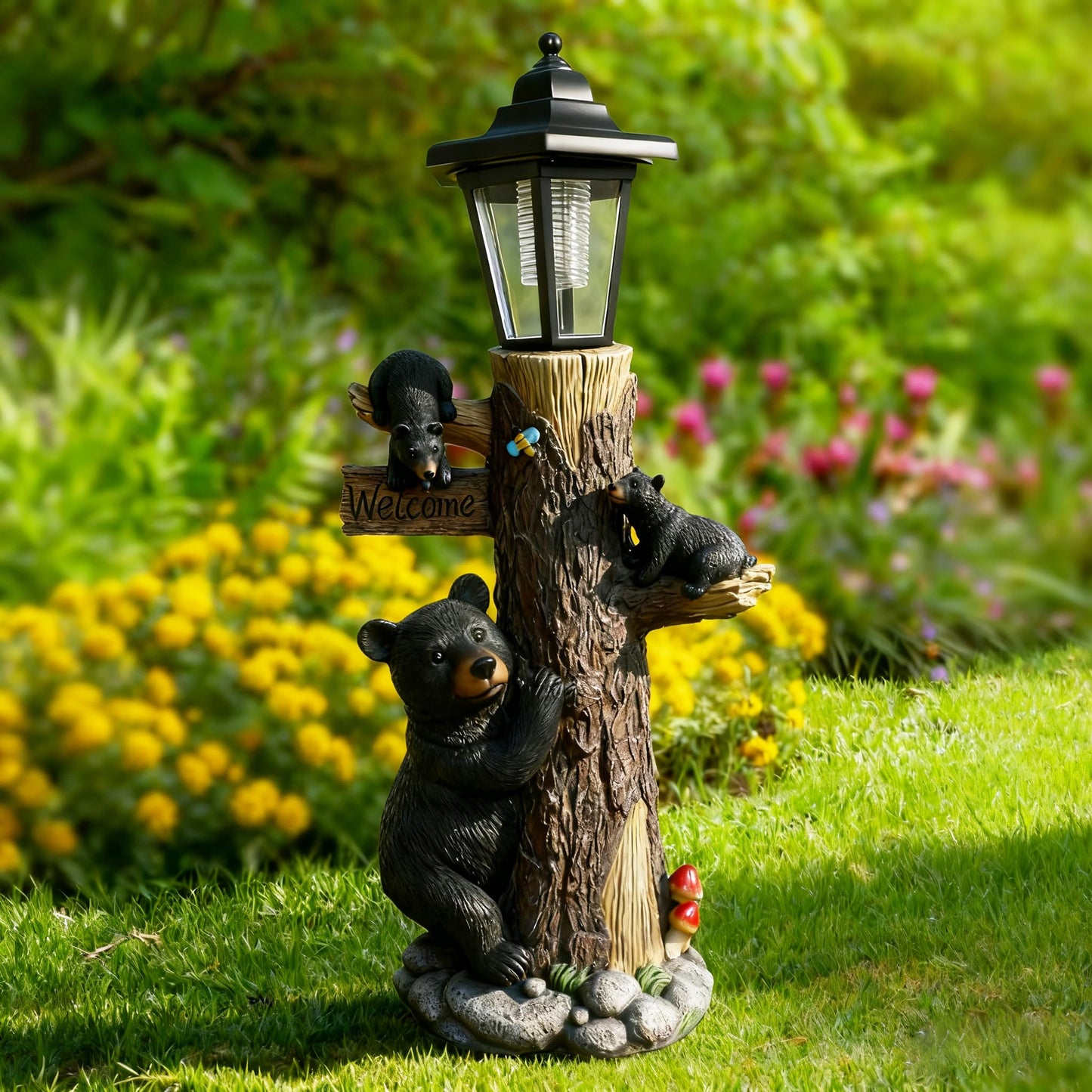 Oritty Bear Statue Welcome Sign Garden Statue with Solar Lights, 19 Inches Resin Bear Family on The Tree, Outdoor Bear Décor for Yard, Garden, Lawn, Patio, Black, Spring Decorations for Home
