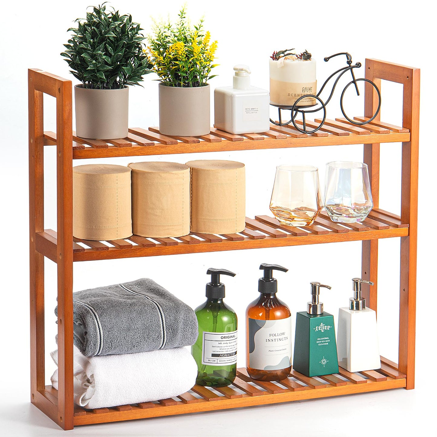 MEHL CLUB Wood Bathroom Shelf, 3-Tier Adjustable Shoes Rack&Plants Rack, Wall-Mounted or Stand for Living Room (Honey Oak)