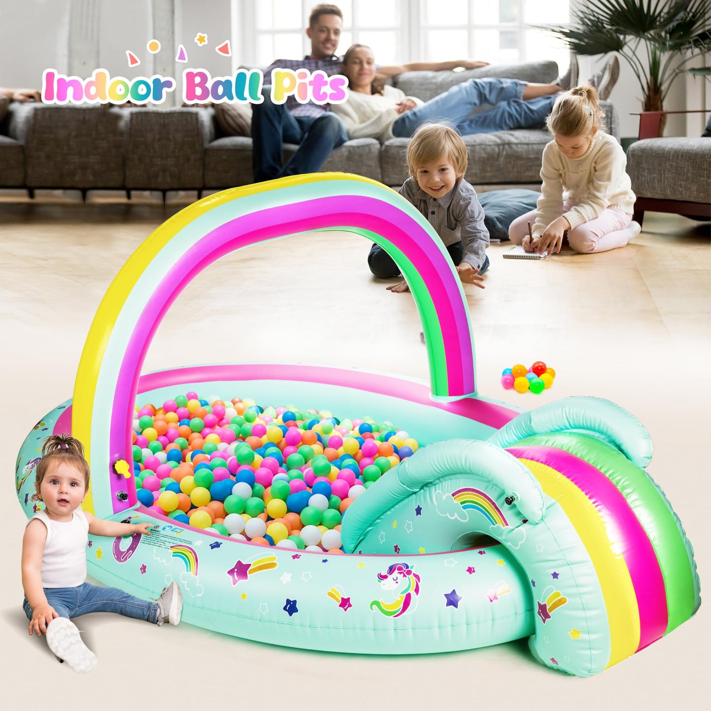 SULIFEEL Rainbow Unicorn Inflatable Play Center Kiddie Pool with Slide and Sprinkler for Children, 96''x59''x39''in Baby Pool for Backyard and Garden