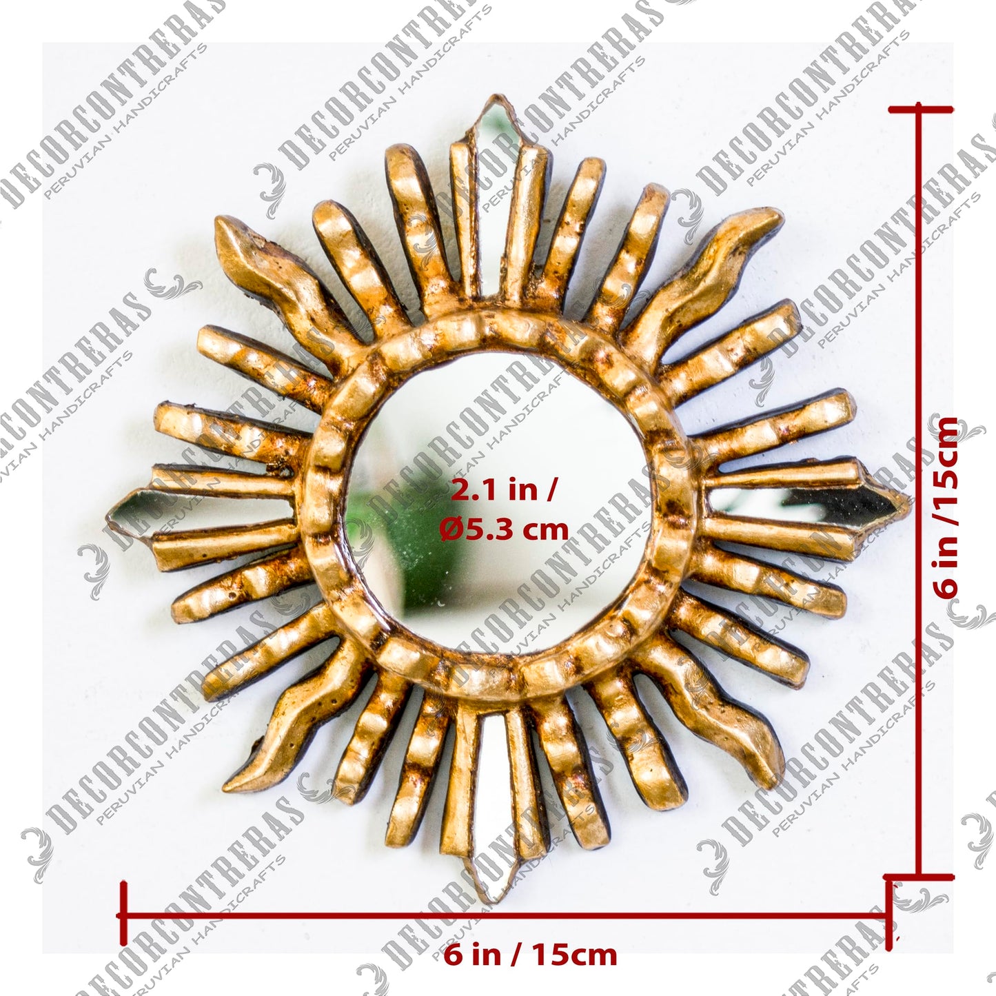 DecorContreras Handmade Small Round Wall Mirror with Bronze Leaf Finish - 6in Sun-Inspired Wood Mirror for Home Decor (Gold)