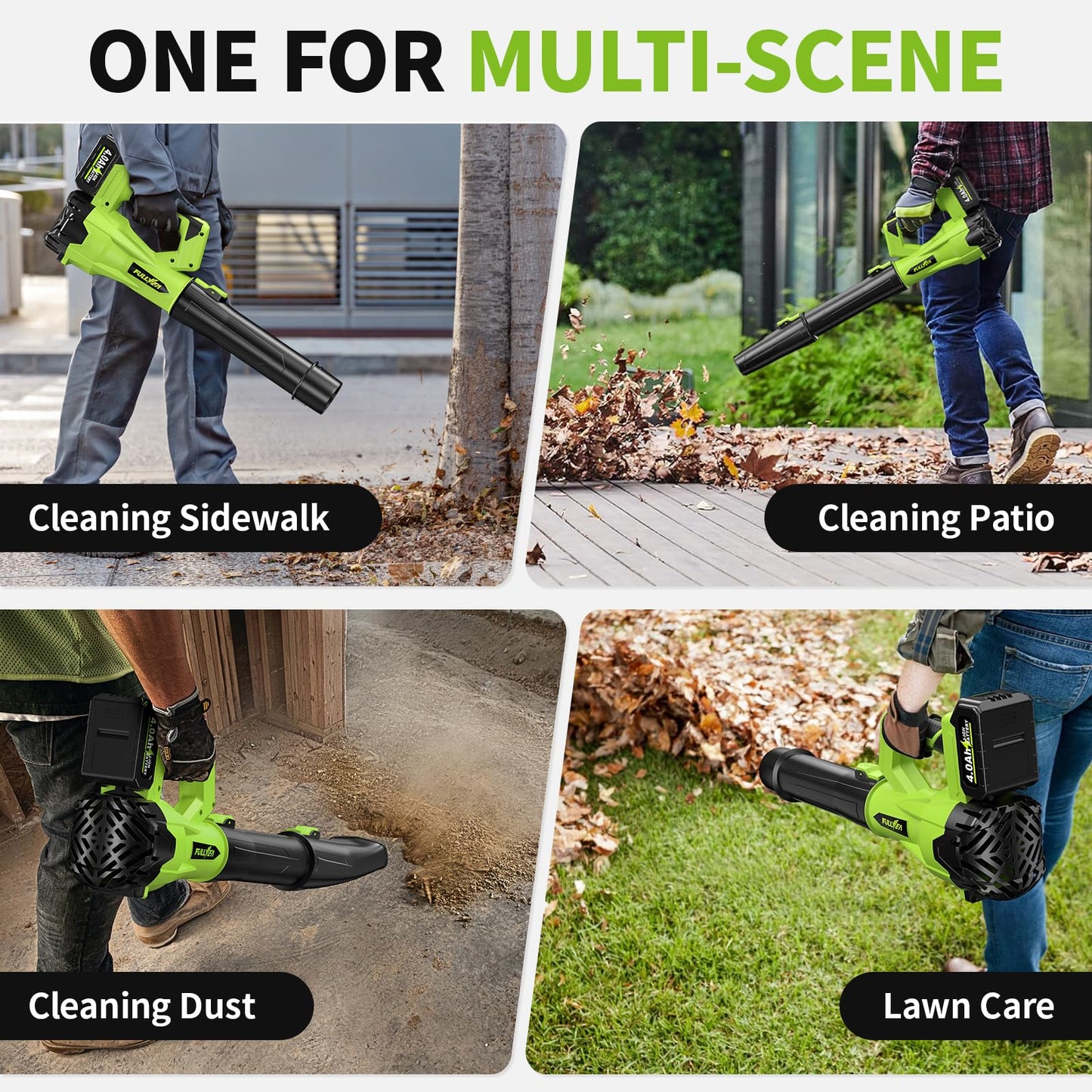 FULLYEA Cordless Leaf Blower 650CFM/180MPH, 21V Electric Leaf Blower with 3 Tubes & 2 x 4.0Ah Batteries, 6 Speed Modes, Battery Powered Leaf Blowers for Cleaning Patio, Yard, Garage, Lawn (Green)