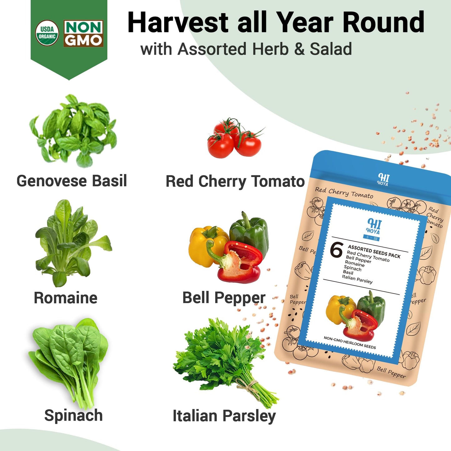 Herb & Salad Seed Pods for All Hydroponics Growing Systems, 8 Pods with 600+ Seeds of Basil, Spinach, Romaine, Red Cherry Tomato, Italian Parsley and Bell Pepper