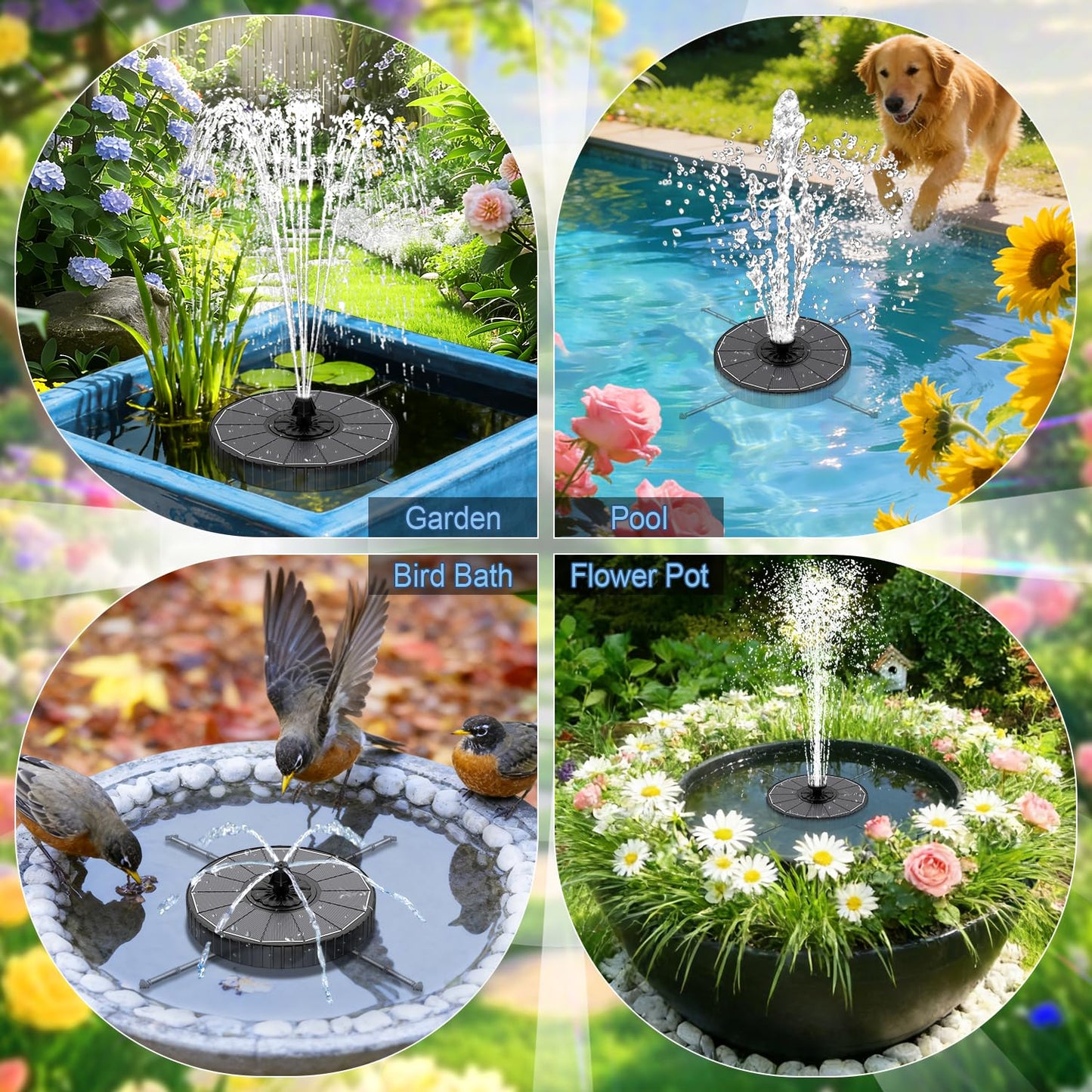 Yzert Solar Fountain with 2000mah Battery, 3-Level Adjustable Water Height, Rotating Rods, Works in Shadow, 7 Nozzles, 2026 3.5W Glass Outdoor Fountain Pump for Bird Bath, Garden, Pond, Flower Pot