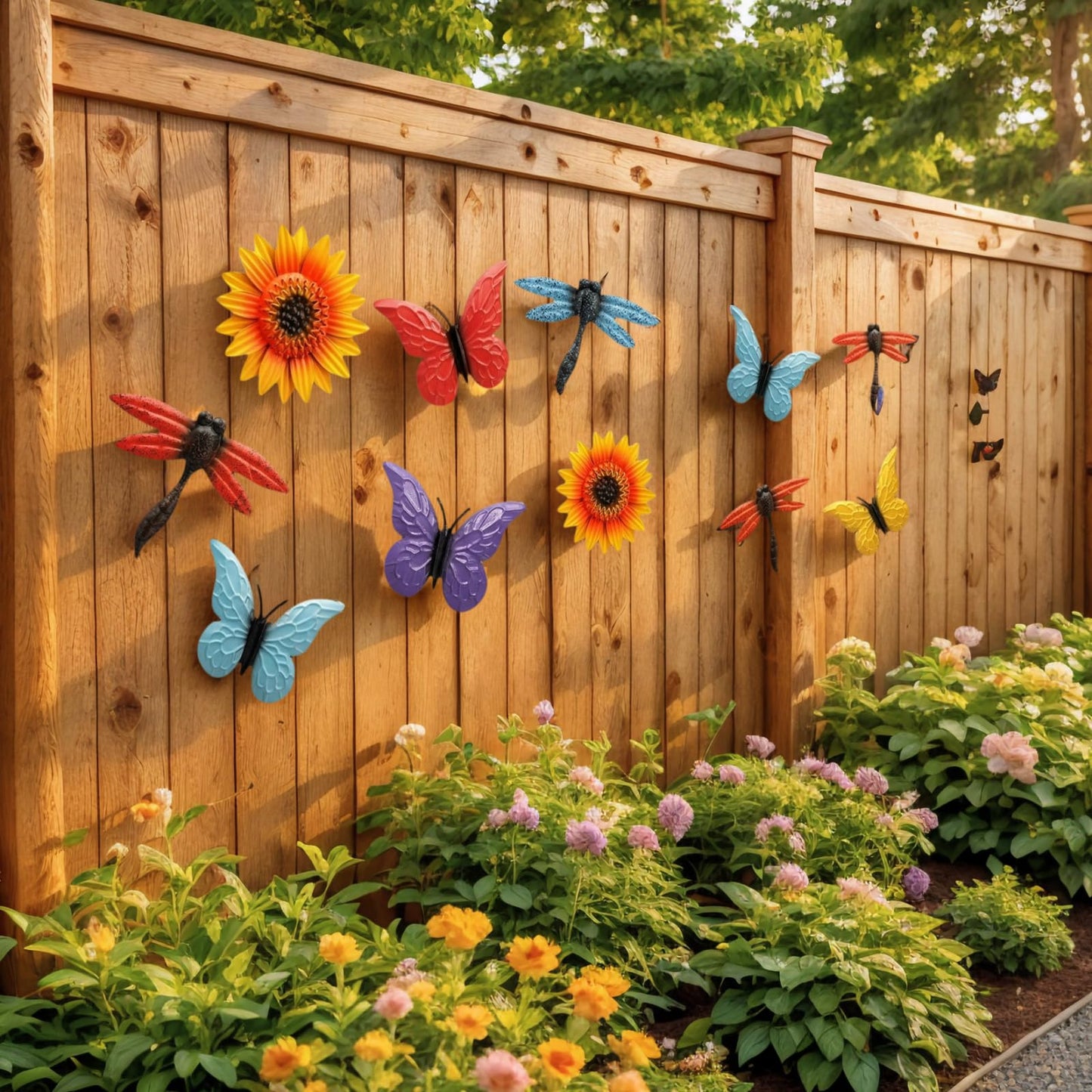 Pumtus 9 Pack Metal Flowers Wall Decor, Small Outdoor Fence Decoration, Butterfly Dragonfly Wall Art Ornament, Hanging Sunflower Animal Sculptures for Garden Patio Backyard Deck Home