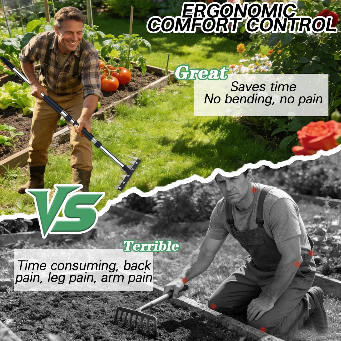 Upgraded 8 Tines Stainless Steel Weeding Tool, Thickened Version Manual Weeder Rake, Weeder Rakes with Adjustable Length Handle, Garden Weed Puller Tool for Weeding Loosen The Soil and Collect Fallen