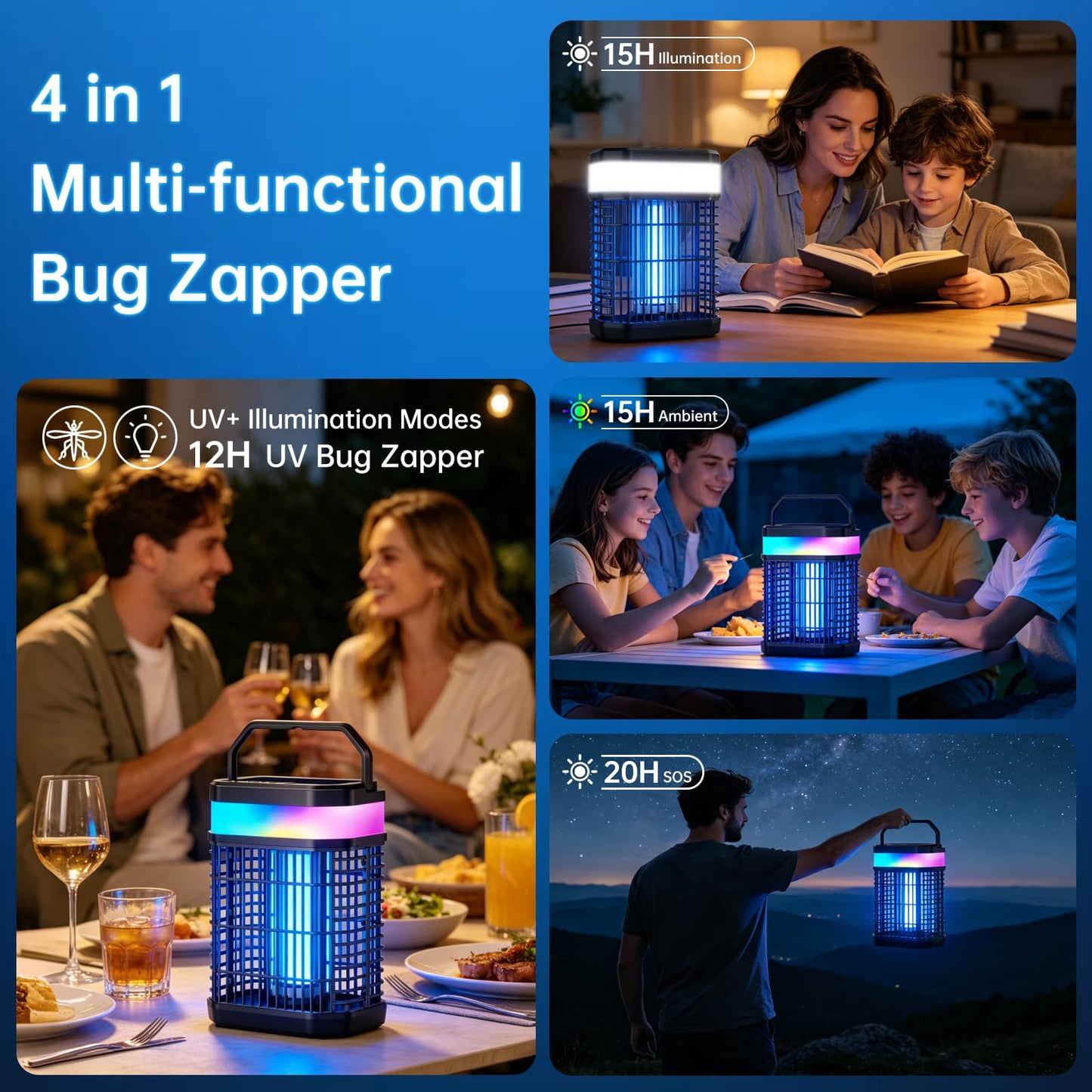 Solar Bug Zapper Outdoor, 4 in 1 Portable & Rechargeable Bug Zapper Outdoor with 5000mAH Battery, 4000V Mosquito Zapper Waterproof with LED Night Light, for Camping, Patio, Backyard (Black)