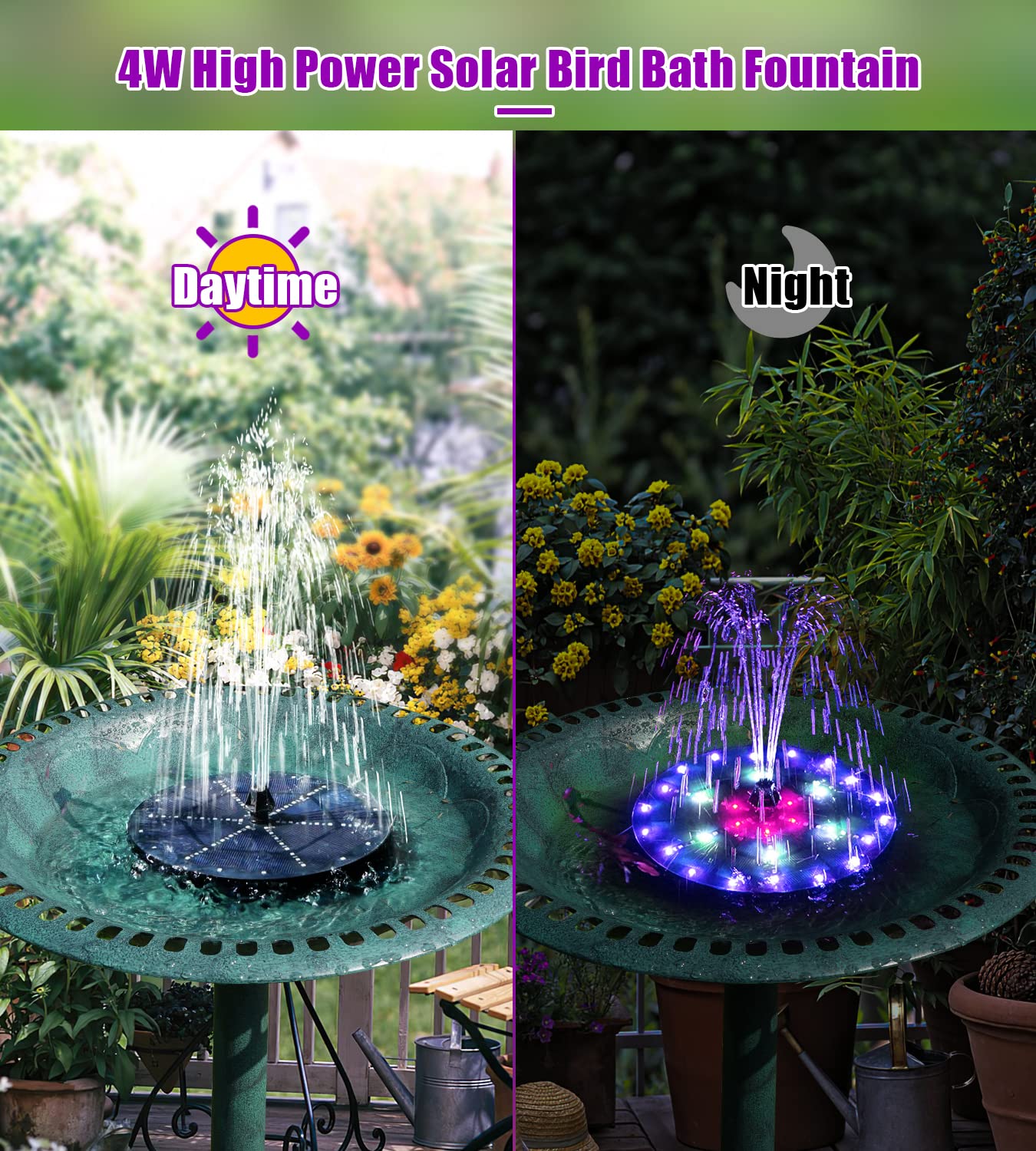 SZMP Solar Fountain 4W Bird Bath Fountains Upgraded 60 LED Lights, Built-in 4000 mAh Battery with 7 Nozzles & 4 Fixers, Solar Water Fountain for Garden, Bird Bath, Pool, Pond, Outdoor