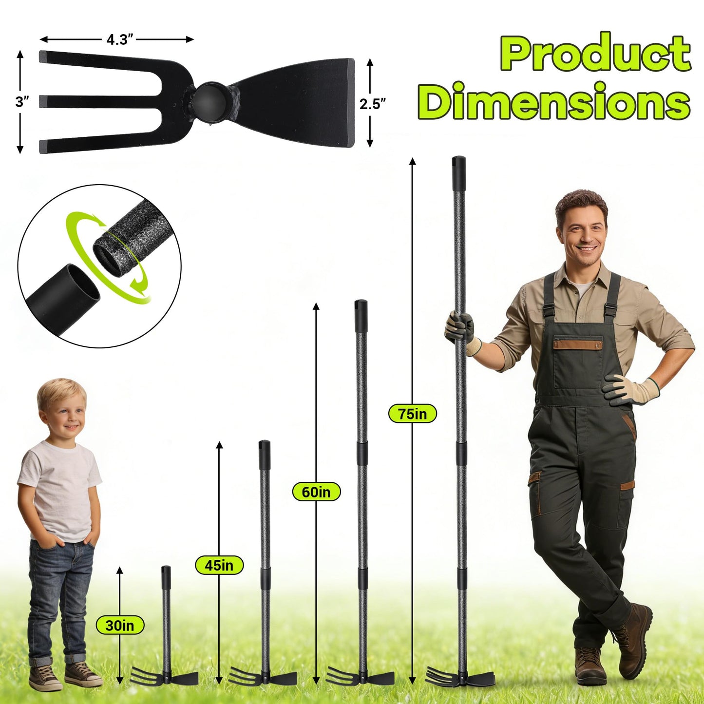CALCHELE Hoe Garden Tool, 30-75 Inch Adjustable Garden Hoe Long Handle for Weeding, 2 in 1 Heavy Duty Hoe Cultivator Hand Garden Tools for Gardening Planting
