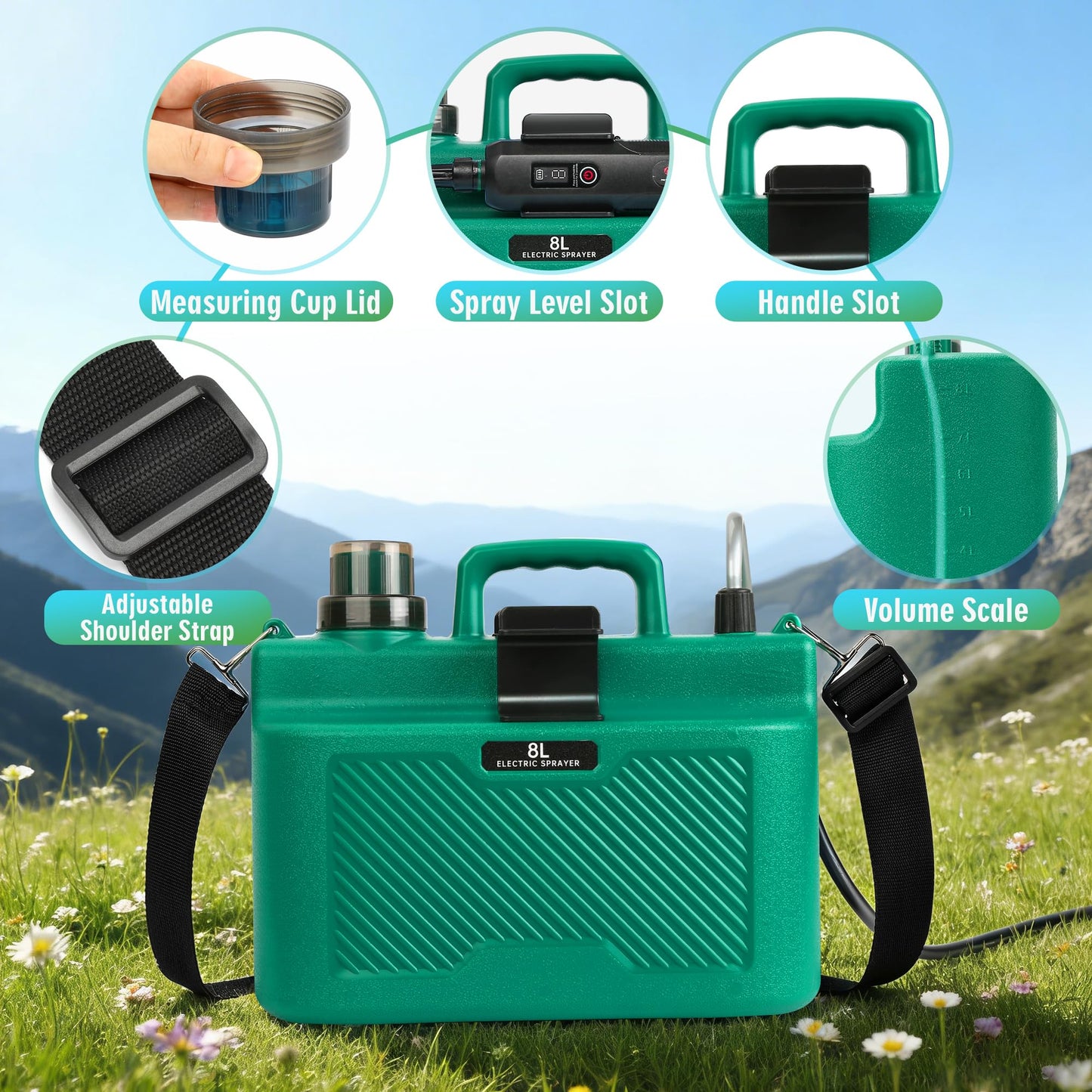 2 Gallon Electric Sprayer, Battery Powered Garden Sprayer with 3 Adjustable Speed, Automatic Water Pump Weed Yard Lawn Sprayer with 4 Mist Nozzles, USB Rechargeable Handle, Retractable Wand for Plants