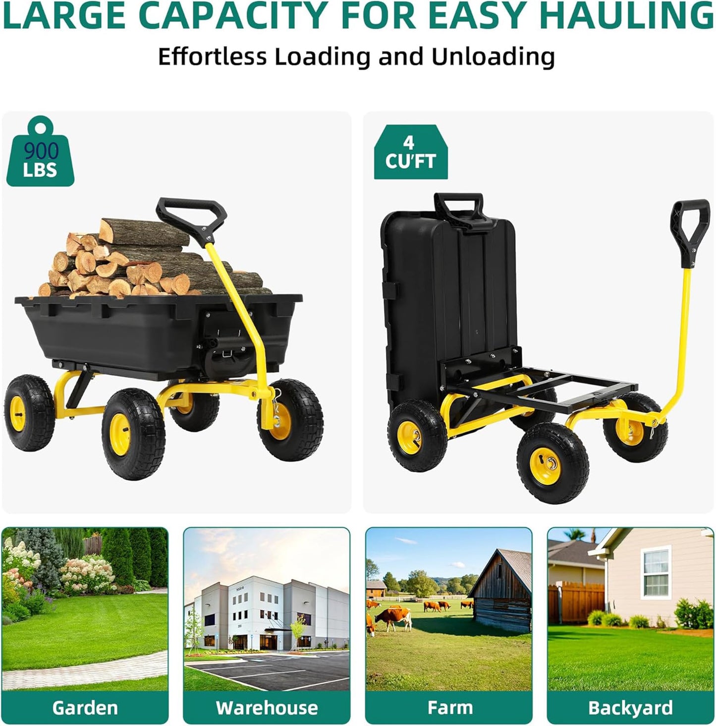 Autodaya 900LB Garden Dump Cart, 2026 Upgraded Heavy Duty Wheelbarrow Cart with 10" Non-Slip Pneumatic Tires & Quick-Release System, 4-Wheel Steel Frame Wagon for Transportation in Yard, Farm, Garden