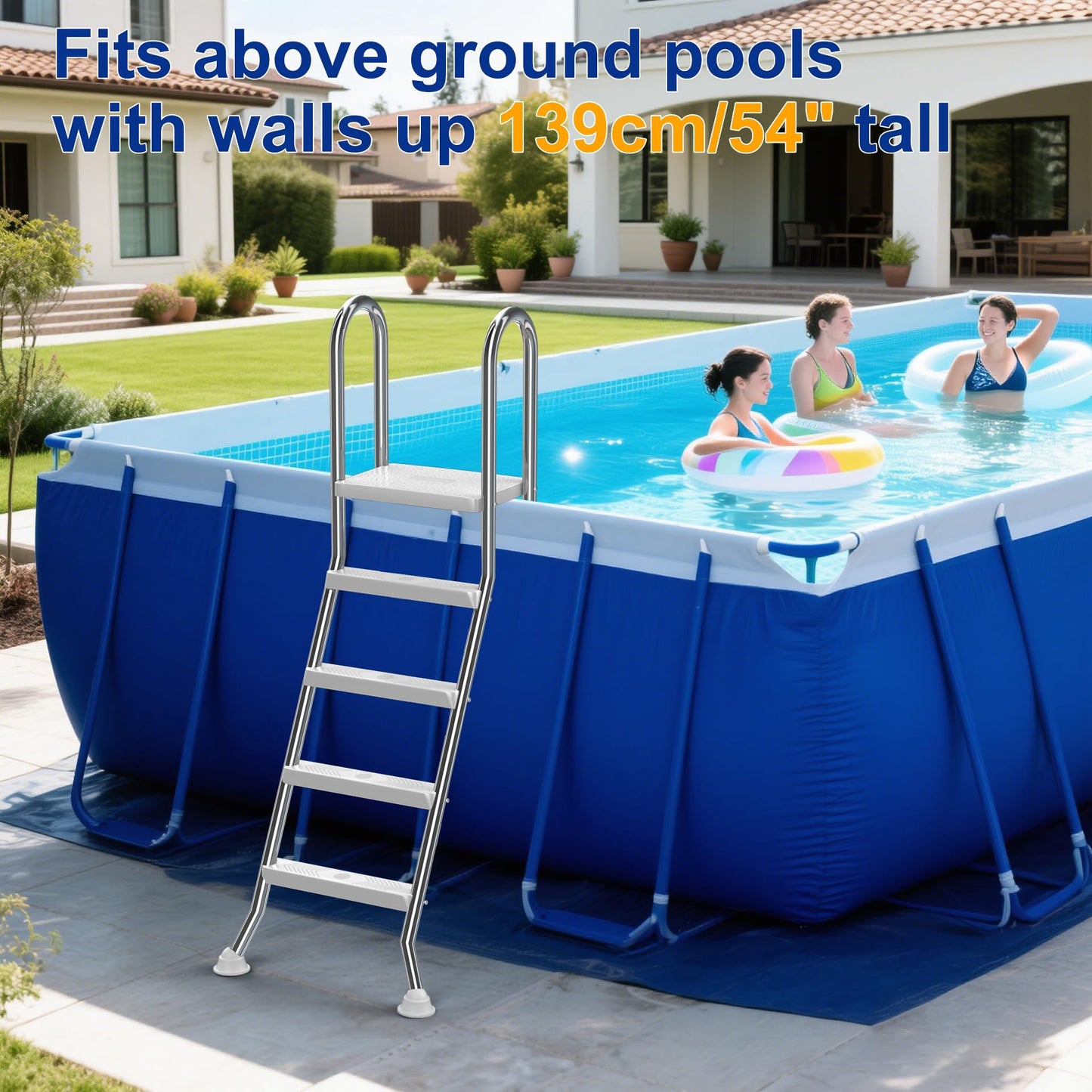 ROMIVO Above Ground Pool Ladder, 48" - 52" Adjustable, 304 Thickened Stainless Steel A-Frame 4-5-Step with Top Platform, Ultra-Stable Non-Slip Design for Family Pools