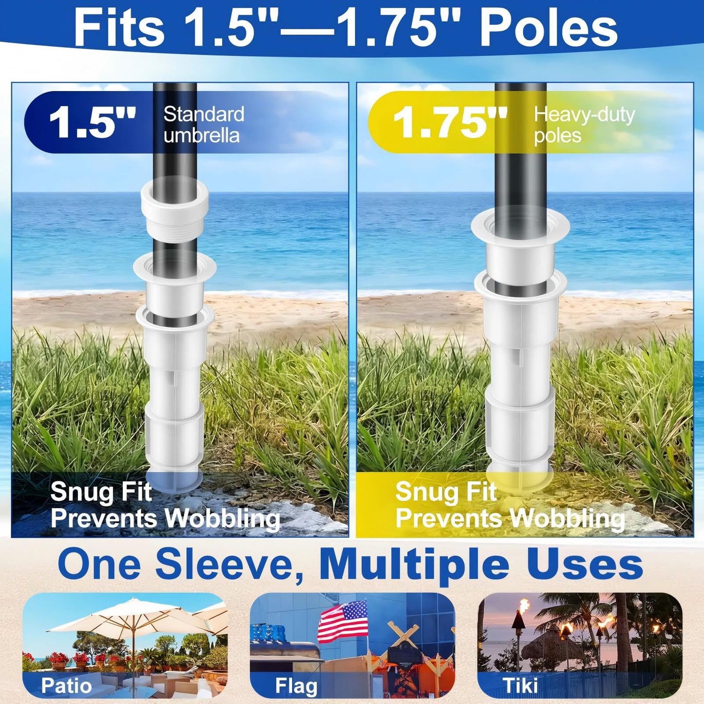 Thyle 1-1/2 Inch Umbrella Sleeve Anchor for Concrete, 4 Sets Heavy Duty PVC In-Ground Pole Holder with Cap, Fits 1.5" to 1.75" Shafts, Patio Umbrella Base Replacement for Flag, Tiki Torch, Volleyball
