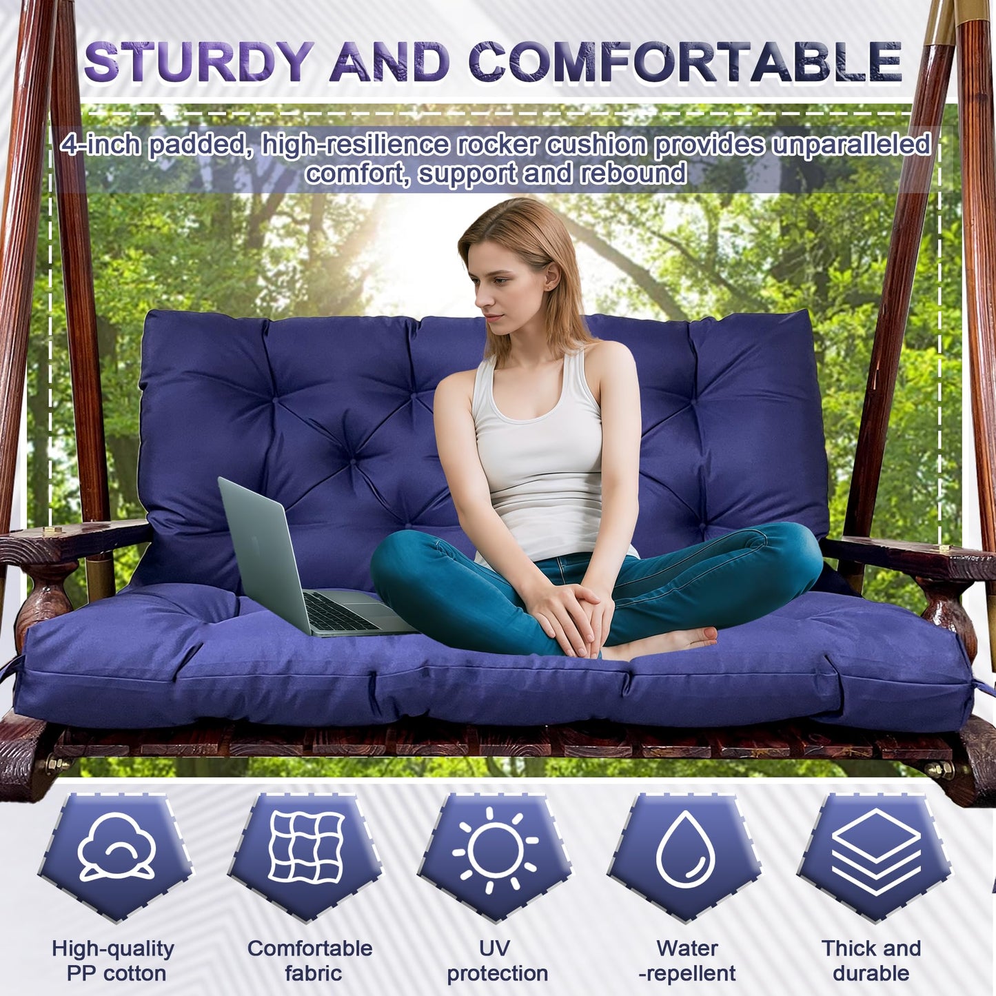 MDYHPN Porch Swing Cushions Replacement: Waterproof 2-3 Seater Patio Bench Cushion with Backrest Ties - 4 Inch Thickened Swing Seat Cushion for Garden Backyard Outdoor Furniture