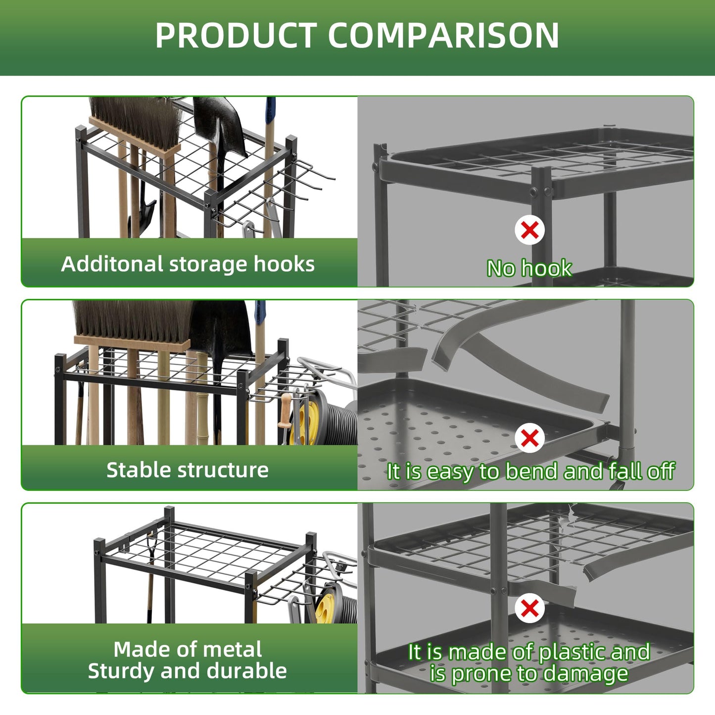 LAKEMID Garden Tool Organizer Stand with Wheels,Yard Tool Organizer for Garage with 2 Hooks, Rack Up to 42 Tools,Broom Holder & Garden Tool Rack for Shed, Patio, Outdoor Use