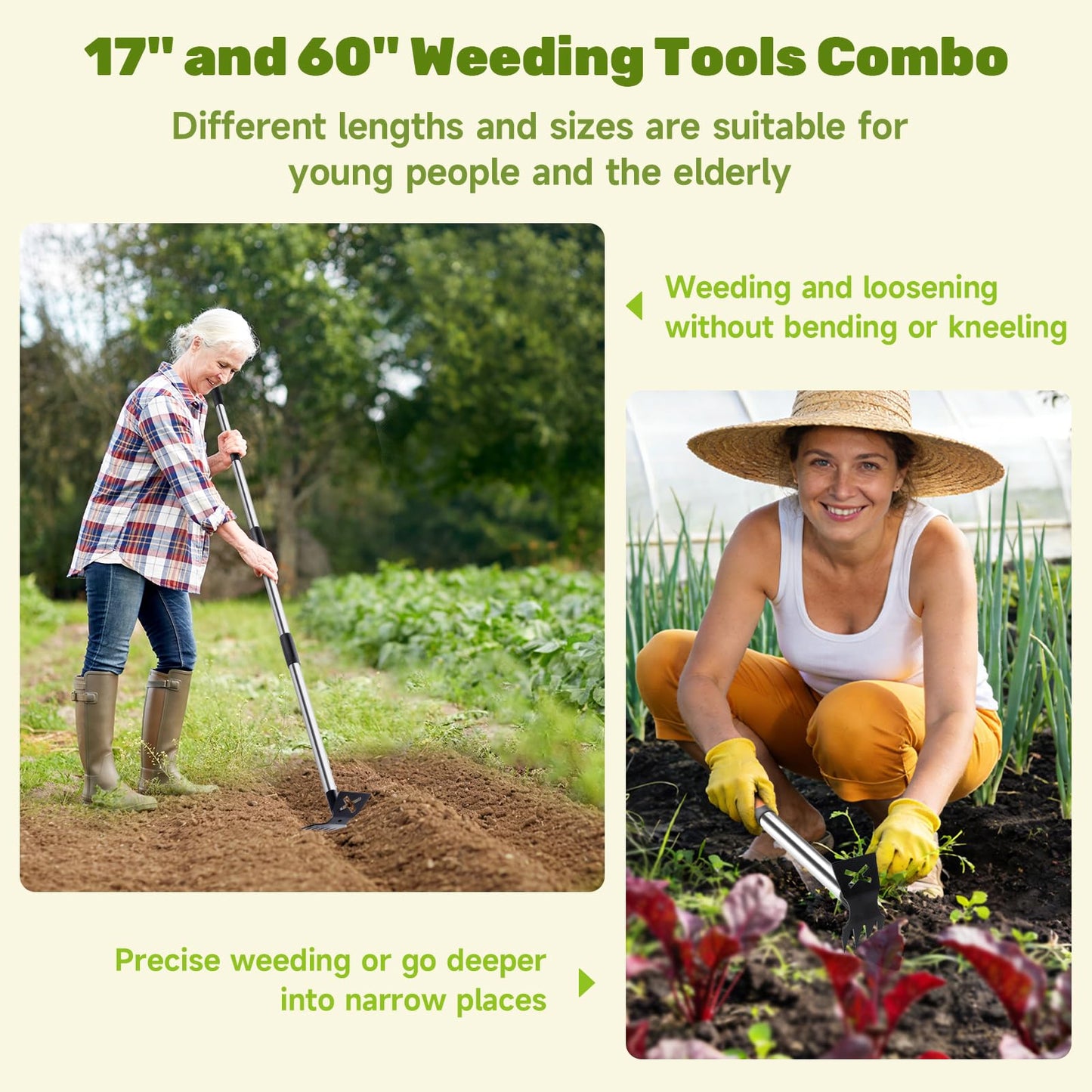 60" Weed Puller Tool with Long Handle and 17" Weeding Tools Gardening Set, Dual Side Hand Weed Rake and Hoe Garden Weeder, Uprooting Weed Pulling Remover Tool for Yard, Patio, Lawn and Garden Planting