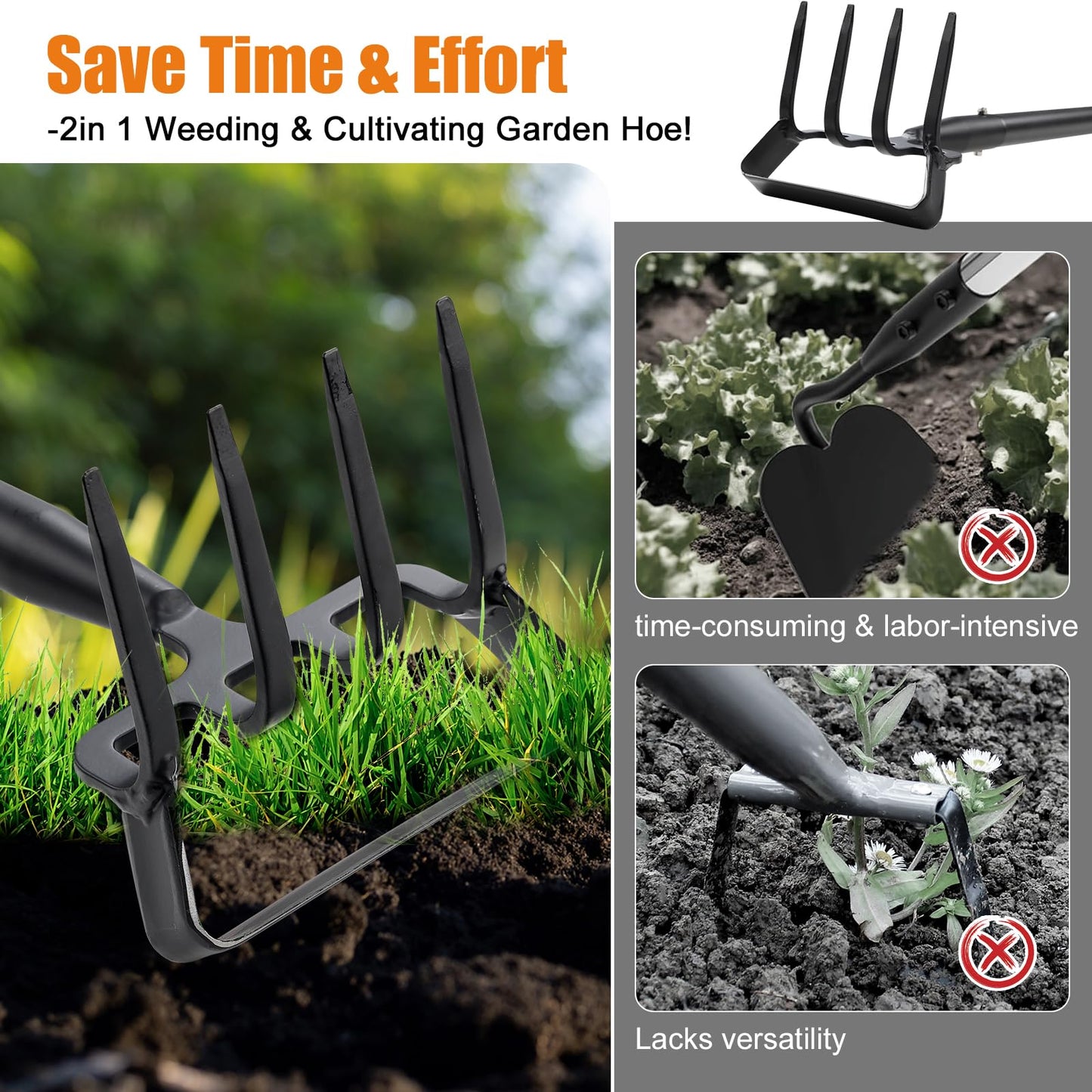 Garden Hoe with Cultivator Rake - Heavy Duty Stirrup Hoe Gardening Tool,Sharp Blade,60 Inch Adjustable Long Handle,Scuffle Action Hoes for Fast Weeding,Grass Weeder Removal,Loosen Soil