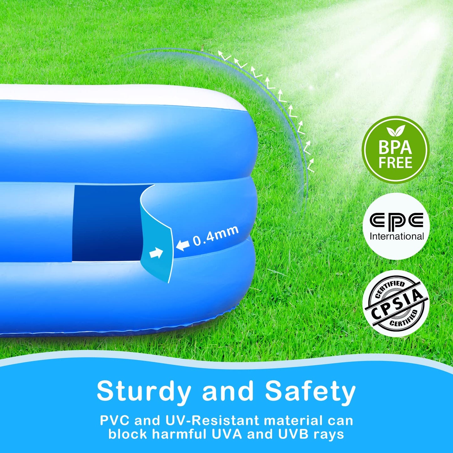 Sumbee Inflatable Swimming Pool for Kiddie Adults Kids, 120" X 72" X 22" Large Blow Up Pool for Family Backyard Outdoor Toddler,Big Rectangle Pools for Children Ages 4-8-12,Full-Sized,Blue
