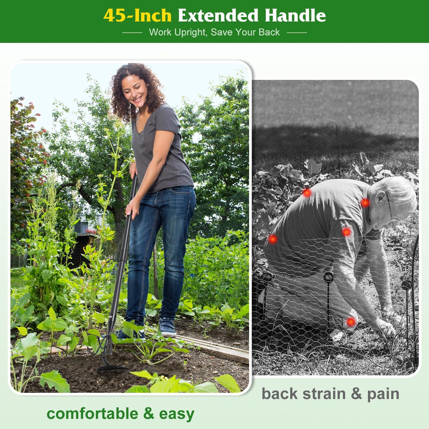 COCONUT 2-in-1 Garden Hoe, 45" Weeding & Cultivating Tool with Curved Tines & Sharp Blade, Stand-Up Design Saves Your Back, for Loosening Soil in Vegetable Garden & Flower Beds