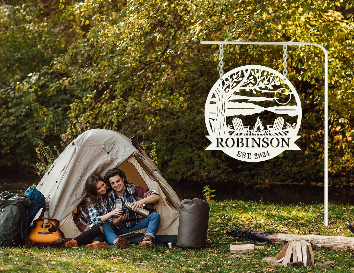Personalized Backyard Name Sign, Lake Scene Campsite Monogram Metal Decor, Custom Campfire Sign, Camping Theme Outdoor Wall Art, Camper Gifts, Custom Cabin Gift, Dad's Gift
