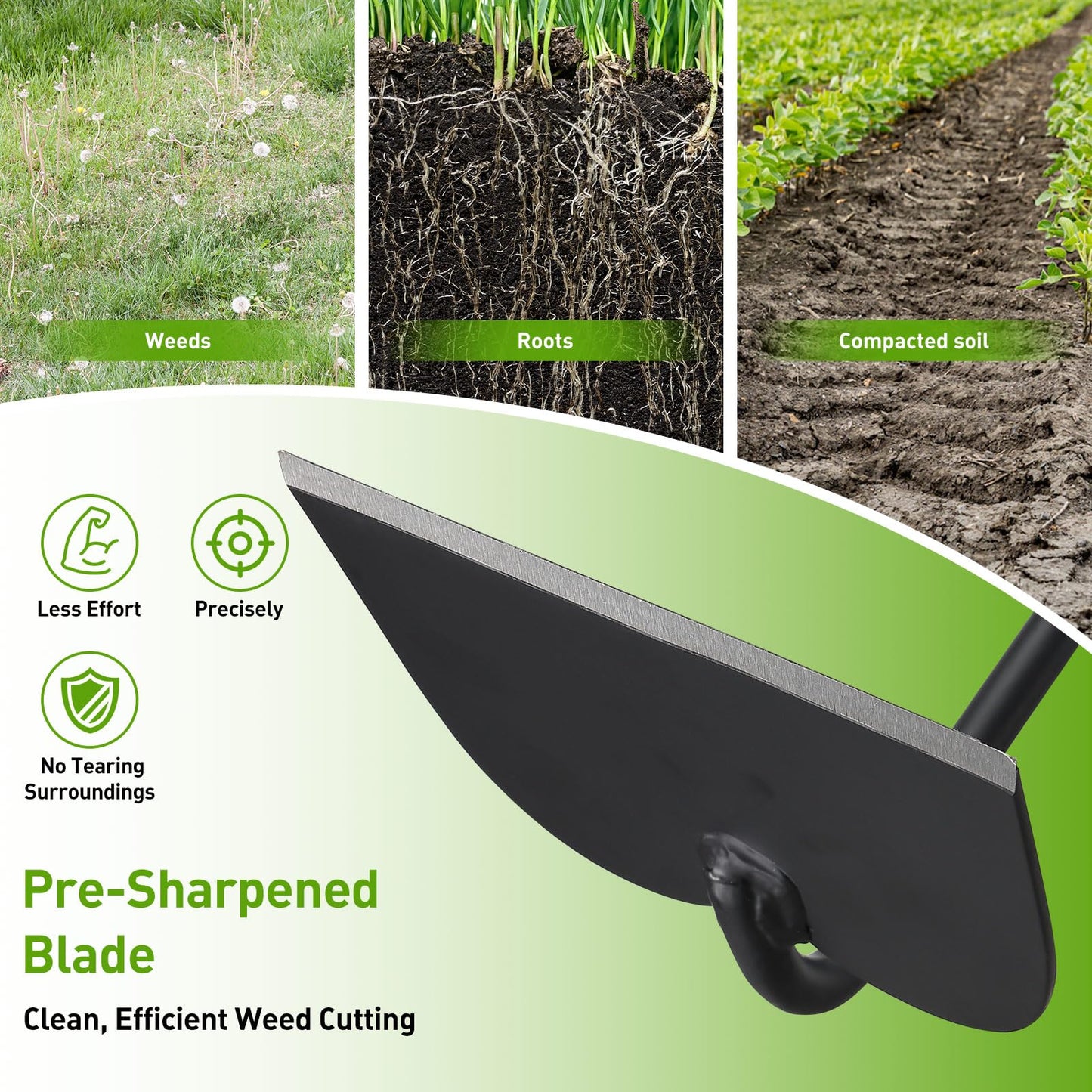 Garden Hoe for Weeding, Heavy Duty Draw Hoe Garden Tool for Plowing,Cultivating,Trenching, Ridging,Tilling Loosening Soil,Scraping Weeder with 60” Handle for Stand Gardening, Reduce Back Strain