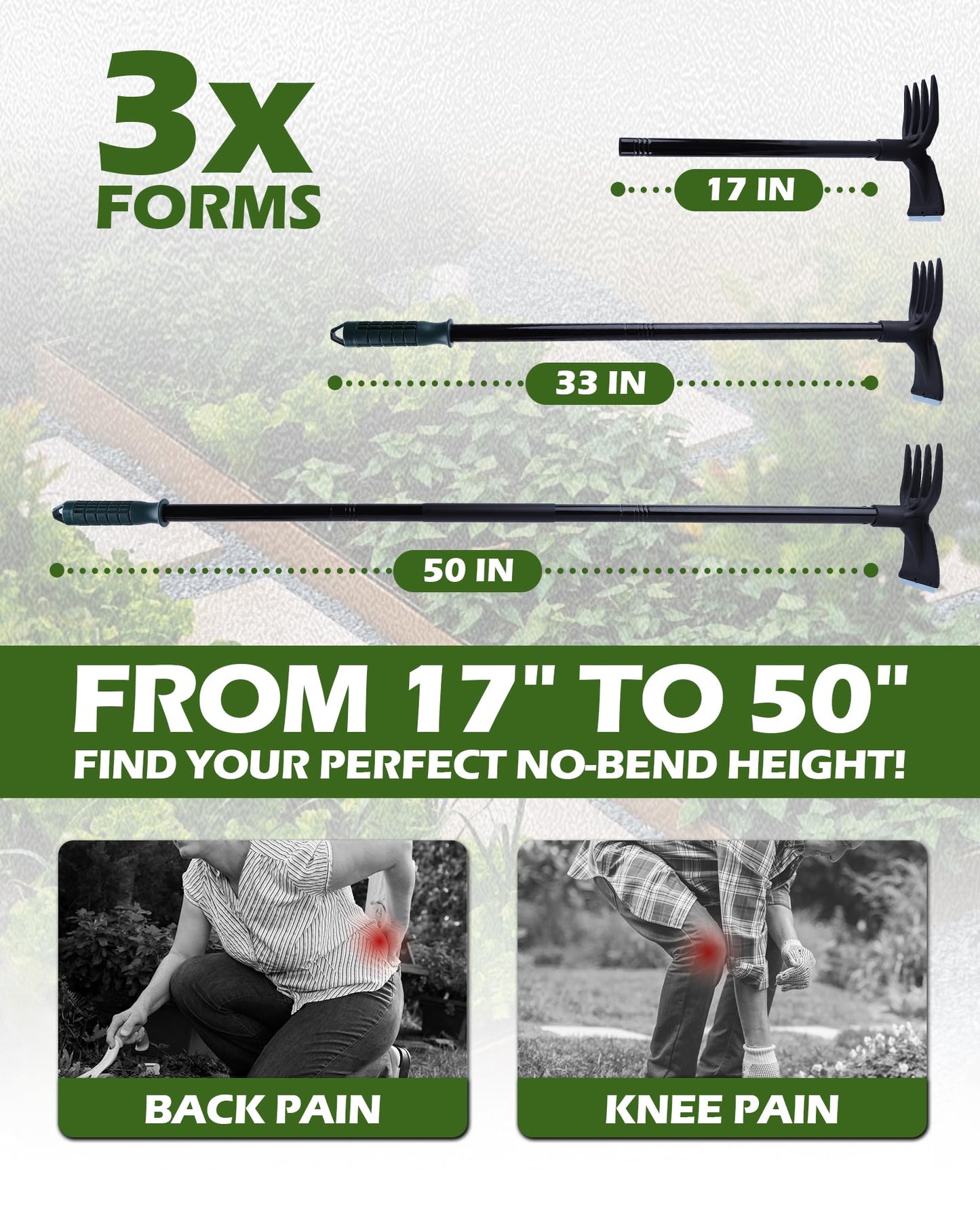 HIPULX 5-in-1 Garden Hoe - Adjustable 37" to 50" Handle, 5 Tool Heads, Heavy-Duty Weeding, Cultivating, and Raking Tool for Gardening, Camping, and Outdoor Use