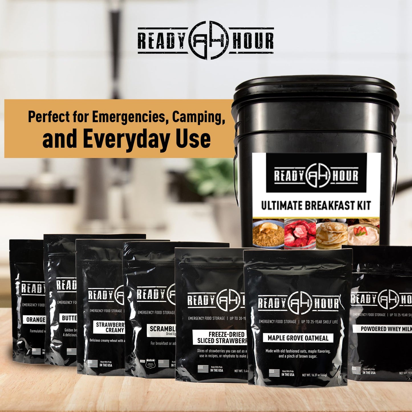 Ready Hour Breakfast Bucket (128 Servings), Emergency Food Supply, Emergency Food Kit, 25-Year Shelf Life Food, Survival Food Buckets, Long-Lasting Food Supply, Flood-Safe Container