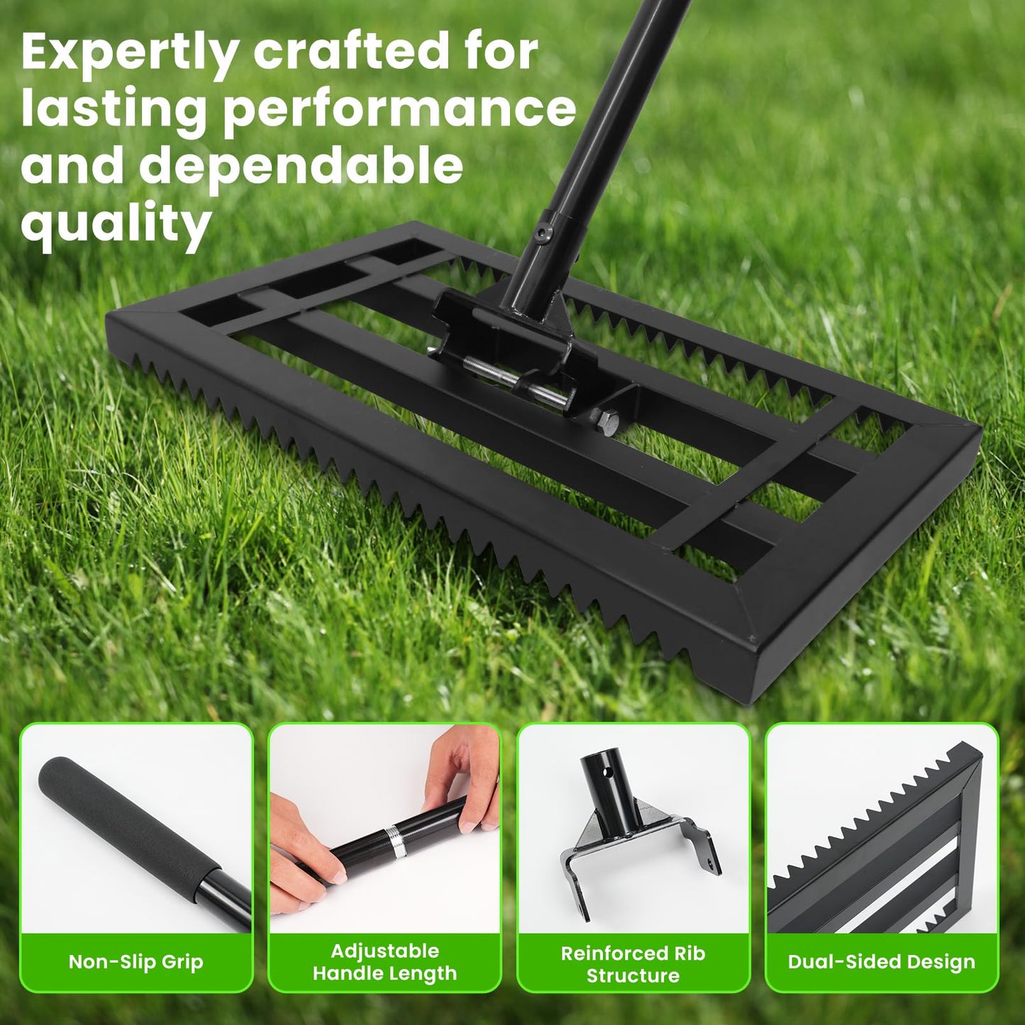 17"x 10" Lawn Leveling Rake for Soil, Sectional Adjustable Handle Yard Rakes for Lawns Heavy Duty, Landscape Rake Suitable for Landscaping Golf Course, Sand, Gardens, Farm and Ranch