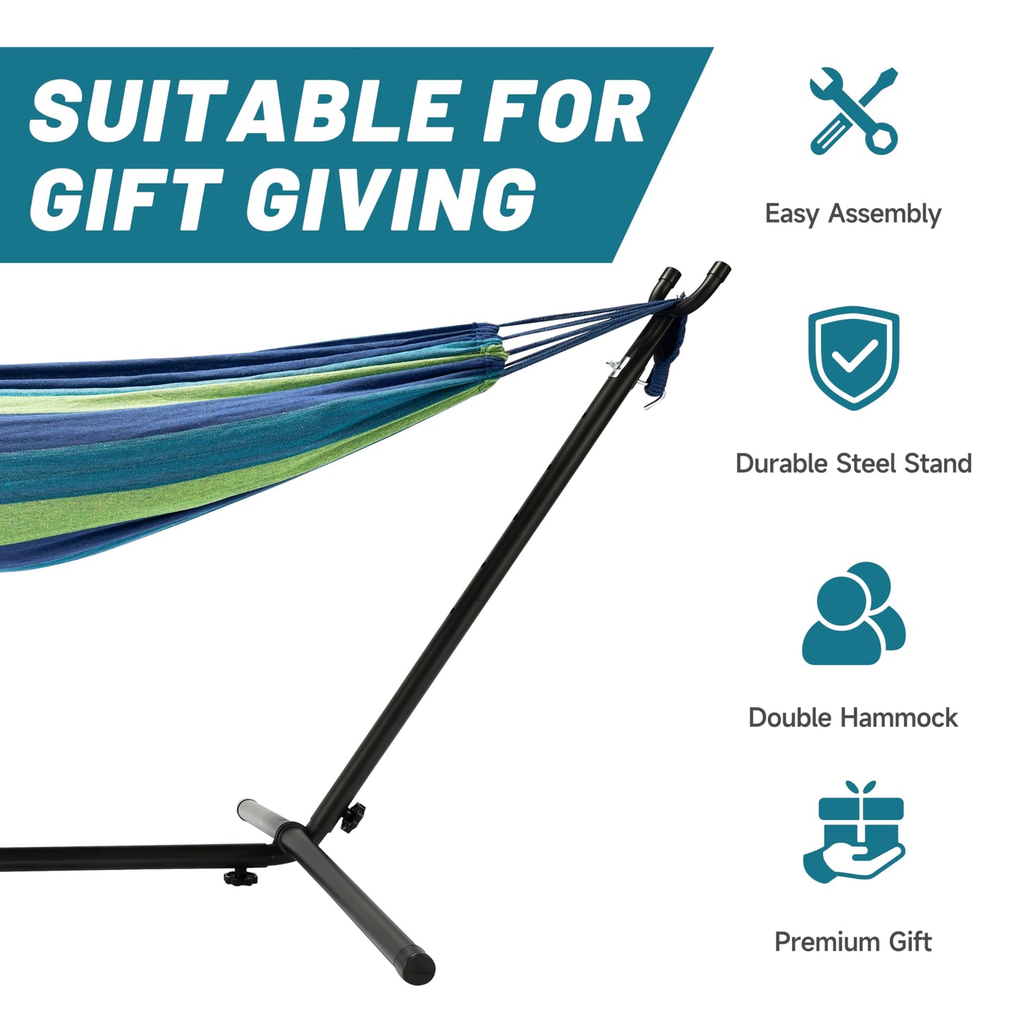 Hammock with Heavy-Duty Steel Stand for Outside，Hammocks 450 Lb Capacity，Portable Hammock，2 People Standing Hammocks，Suitable for Beach，Backyard, Gardens, Patio, Bedroom，100 * 40 * 38 Inch (Blue)