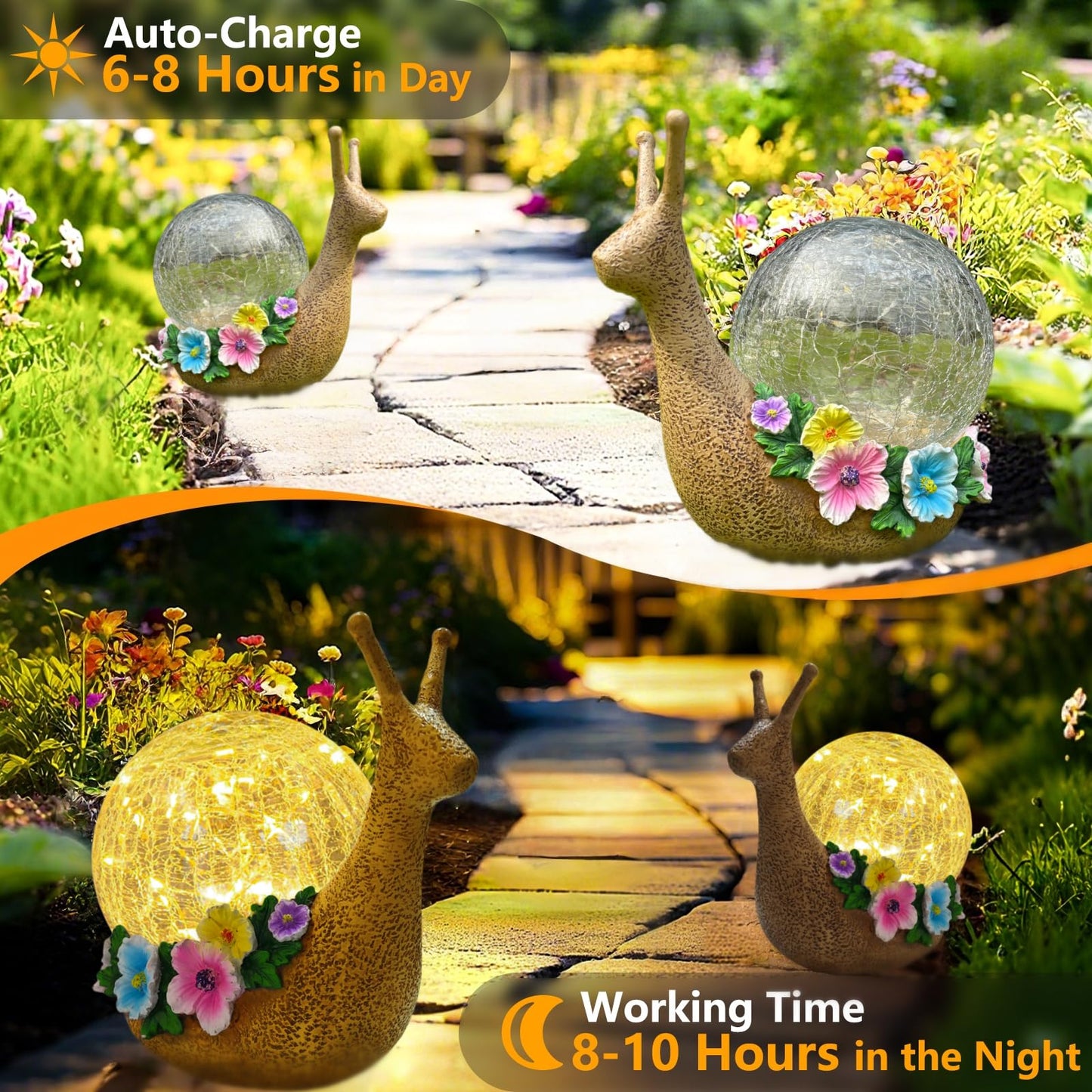 QCF Solar Snail Garden Decorations Outdoor Lights Yard Decor,Resin Fariy Statues Cracked Glass lamp Outside for Backyard Patio Lawn Porch,Unique Gifts for Women Mom Grandma