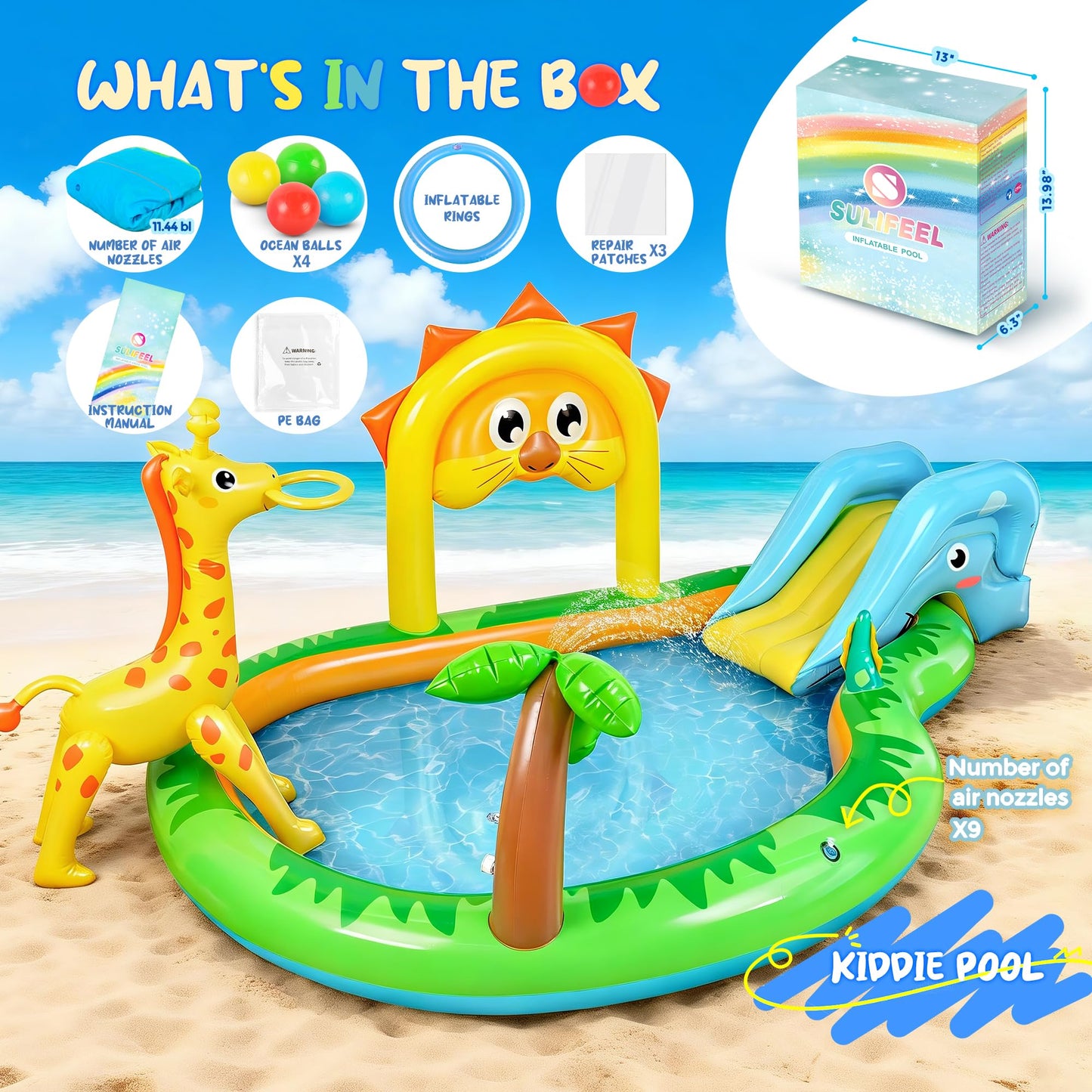 SULIFEEL 2026 Inflatable Jungle Kids Pool, Large Inflatable Toddler Happy Play Center with Water Slide & Sprinkler, 100" Blow Up Kiddie Splash Water Park 100" for Backyard, Garden, Ages 2+