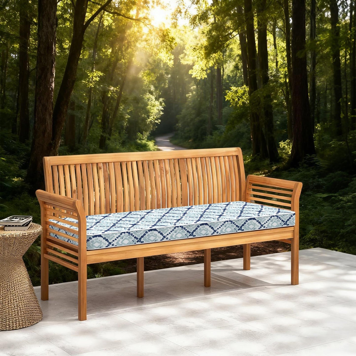LVTXIII Extra Long Bench Cushion with Ties, 54x18 Inch Water-Repellent Outdoor Seat Cushion, 3" Thick Foam Pad for Large Patio Bench, Garden Seat, Porch Glider, Boho Geometry Blue
