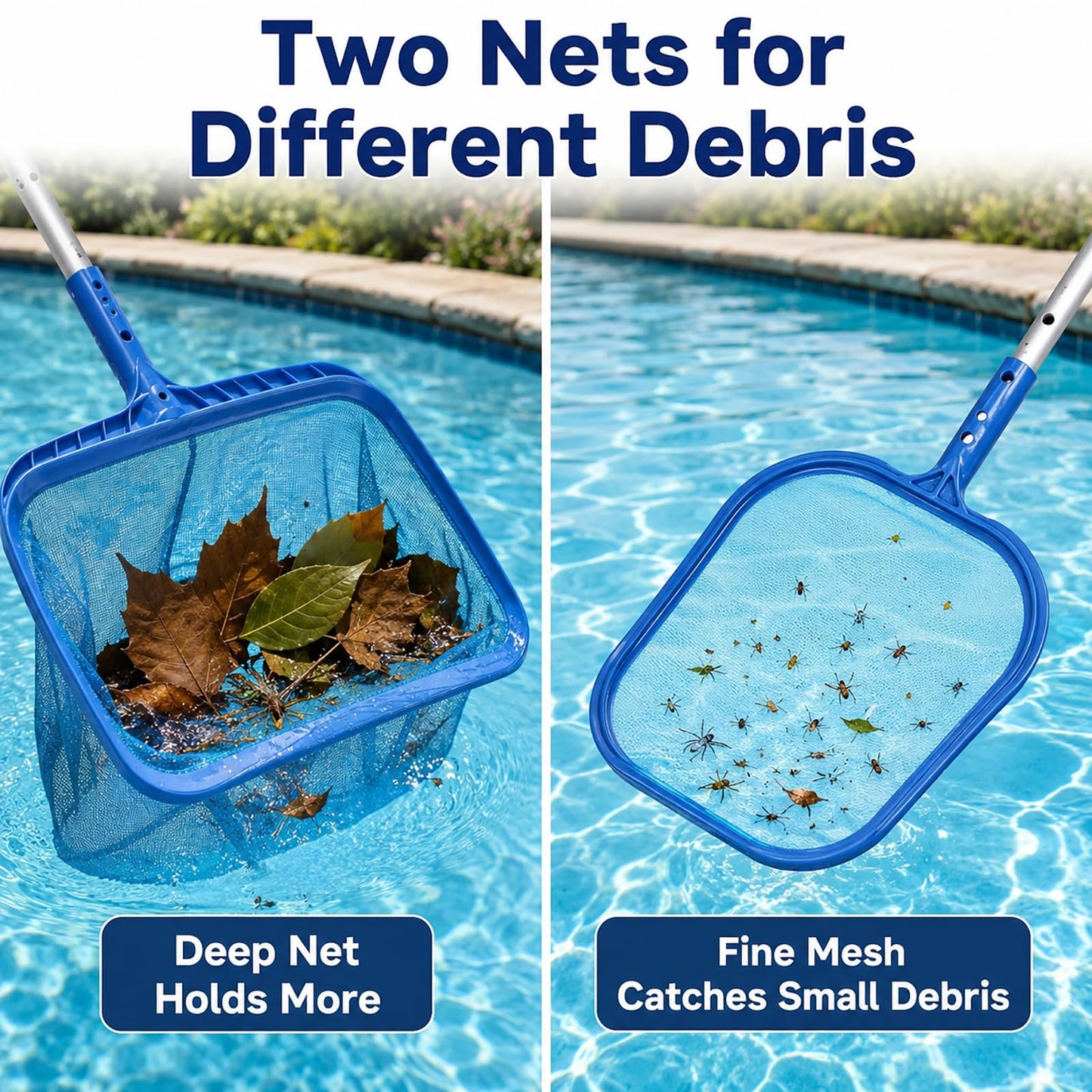 Ahomdoo Pool Cleaning Kit Professional Heavy Duty Leaf Skimmer Net, Deep Bag Rake & Wall Scrubber Brush, 4-Piece Pool Cleaning Equipment Set for Above Ground & Inground Pools (Pole Not Included)