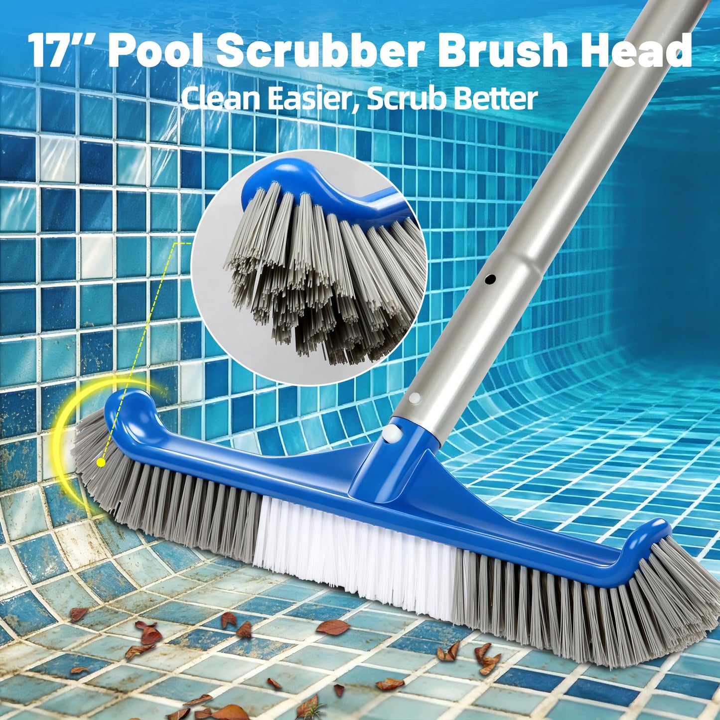 KingSom Swimming Pool Cleaning Kit Includes Professional Leaf Skimmer Net,Half-Depth Fine Mesh Net,17" Pool Brush Head,55" Adjustable Aluminum Pole,Pool Cleaning Equipment for Above Ground Pools