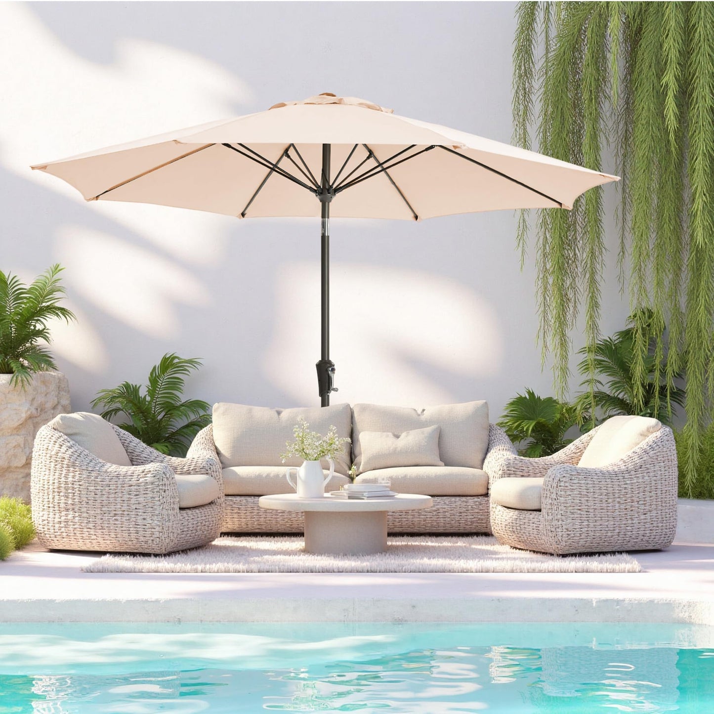 GREFORG 9FT Large Outdoor Patio Umbrella Market Table Umbrella-UV Resistant, Easy Push Button Tilt and Crank, 8 Sturdy Ribs Heavy-Duty Pool Umbrella for Deck,Beige