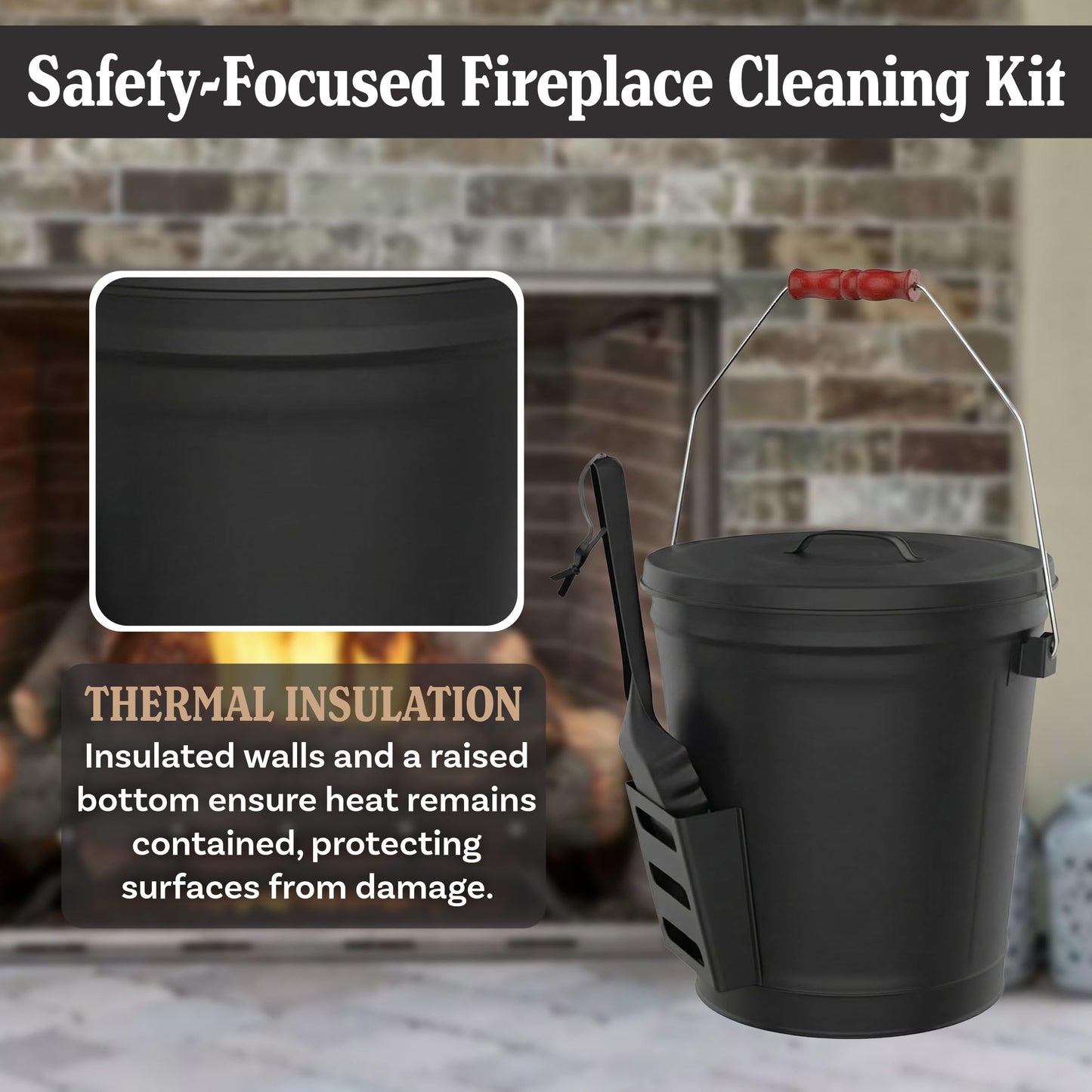 Home-Complete 4.75 Gallon Black Ash Bucket with Lid and Shovel-Essential Tools for Fireplaces, Fire Pits, Wood Burning Stoves-Hearth Accessories