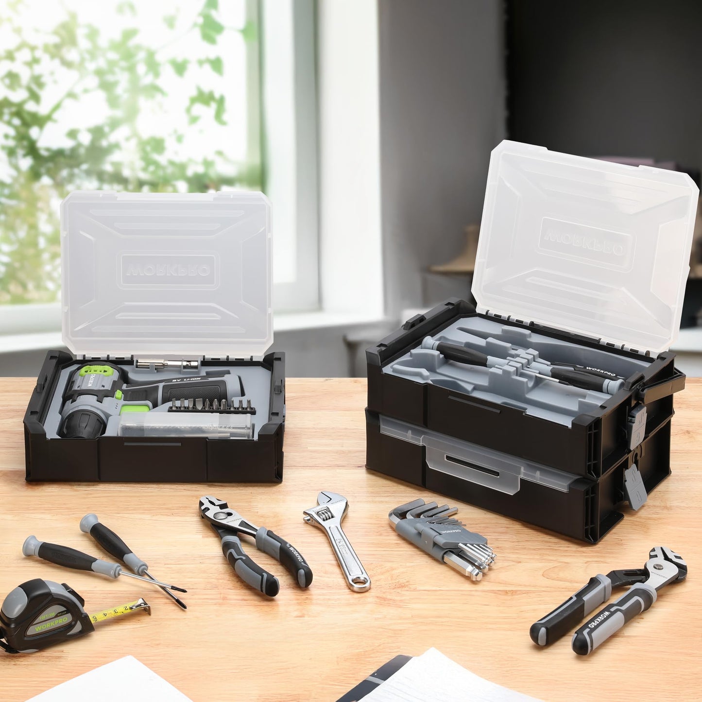WORKPRO 43PCS Cordless Lithium-ion Drill Driver & Toolbox, 8V 2.0 Ah Power Drill Set with Household Hand Tool Kit, Battery Powered Screwdriver with Stackable Tool Box